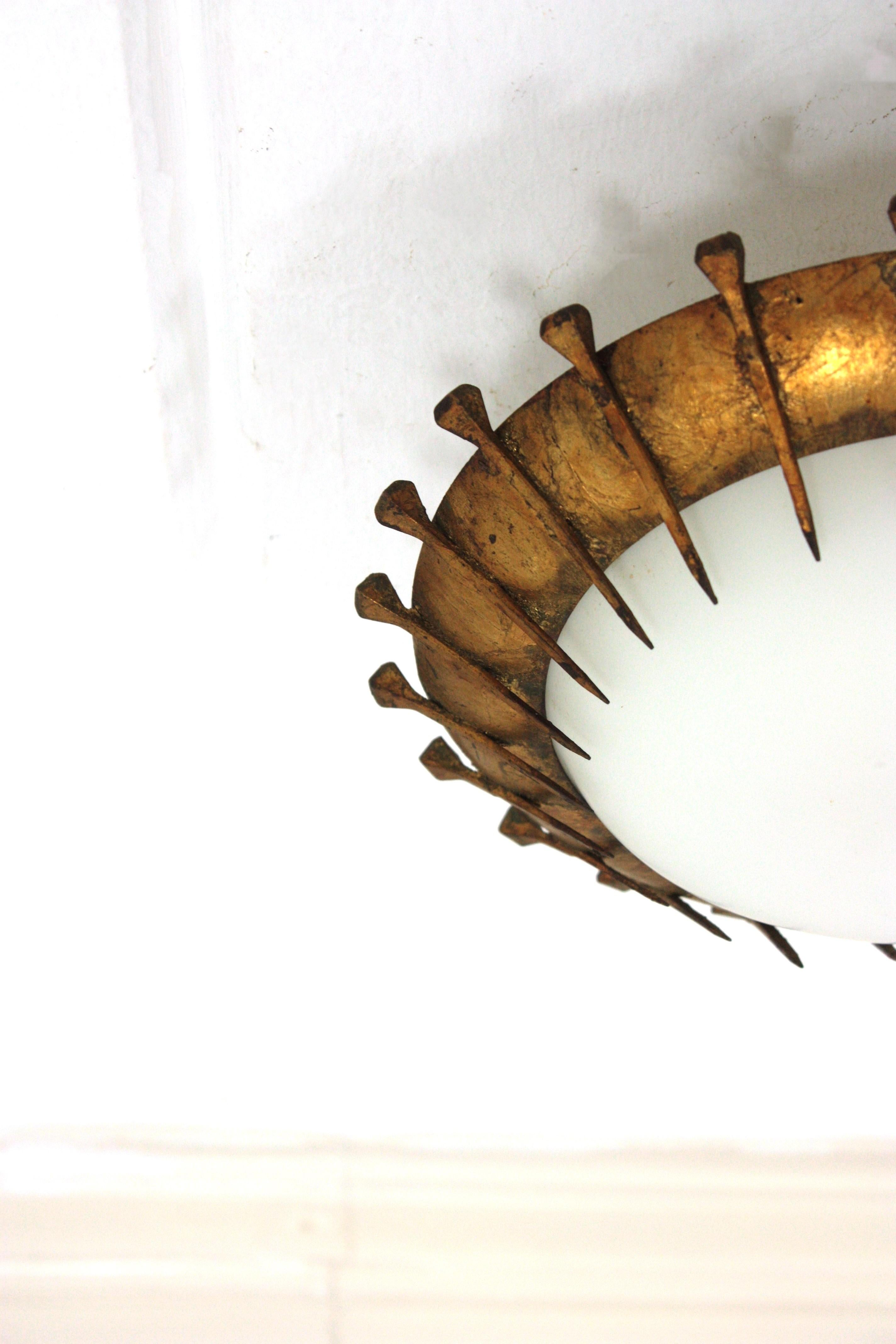 French Sunburst Light Fixture with Nail Design, Gilt Iron and Milk Glass  For Sale 9