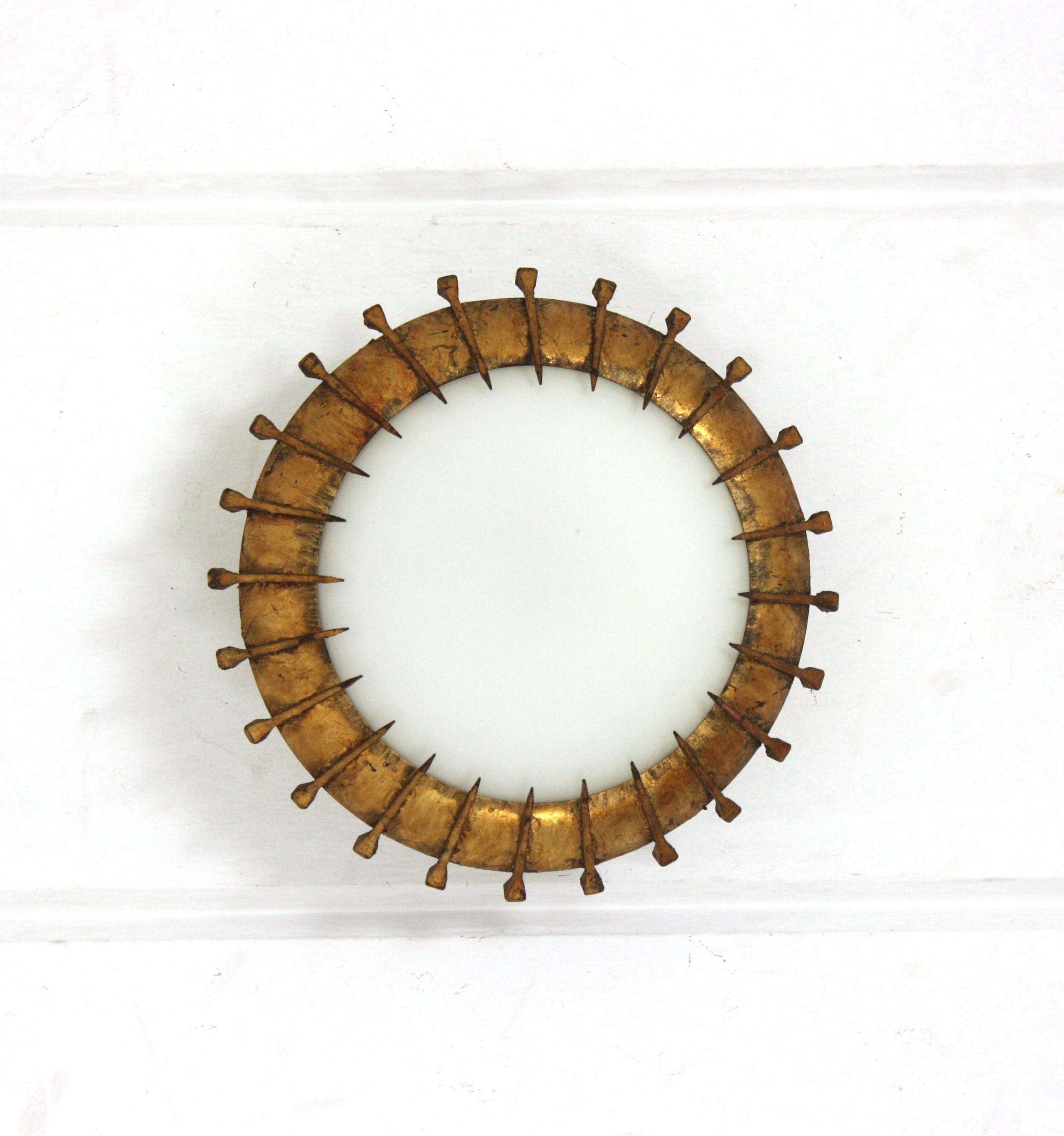 French Sunburst Light Fixture with Nail Design, Gilt Iron and Milk Glass  For Sale 10