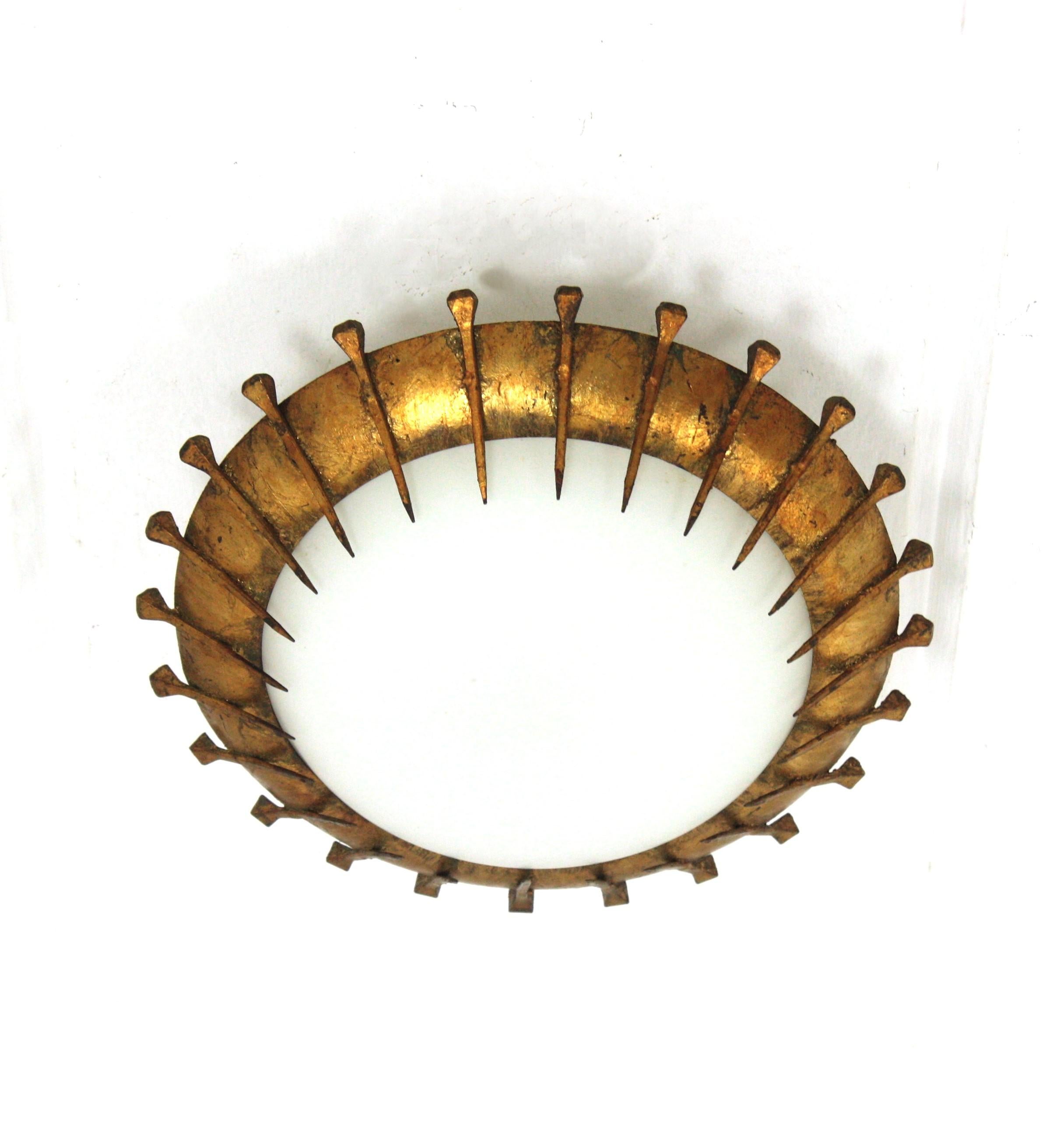 Brutalist French Sunburst Light Fixture with Nail Design, Gilt Iron and Milk Glass  For Sale