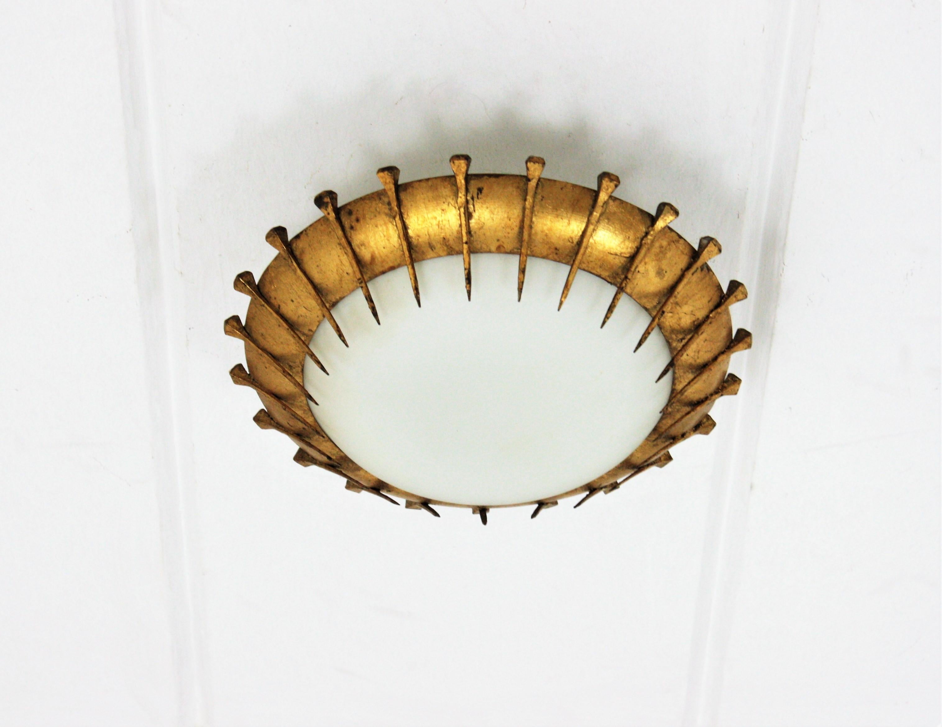 20th Century French Sunburst Light Fixture with Nail Design, Gilt Iron and Milk Glass