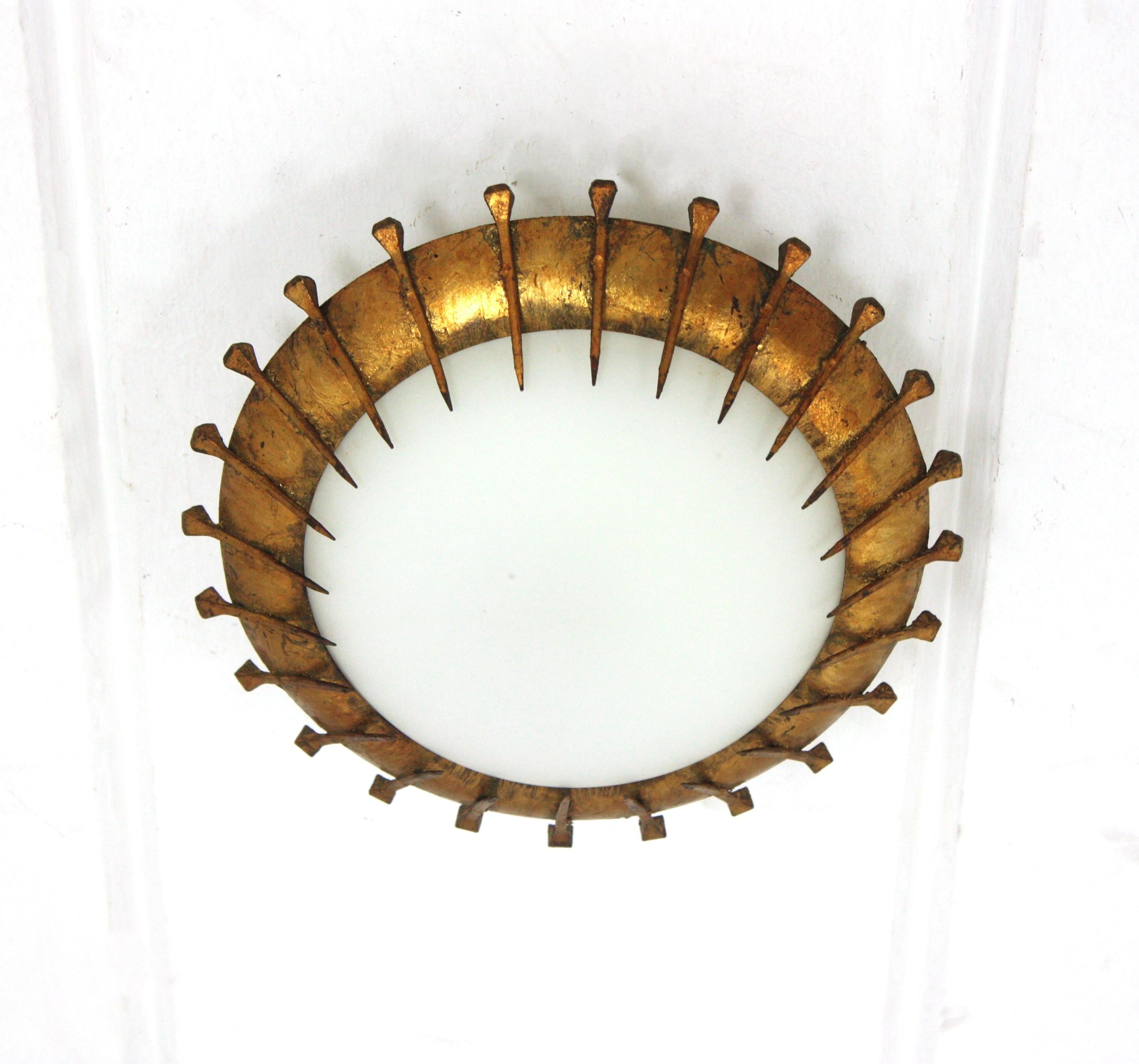 French Sunburst Light Fixture with Nail Design, Gilt Iron and Milk Glass  For Sale 1