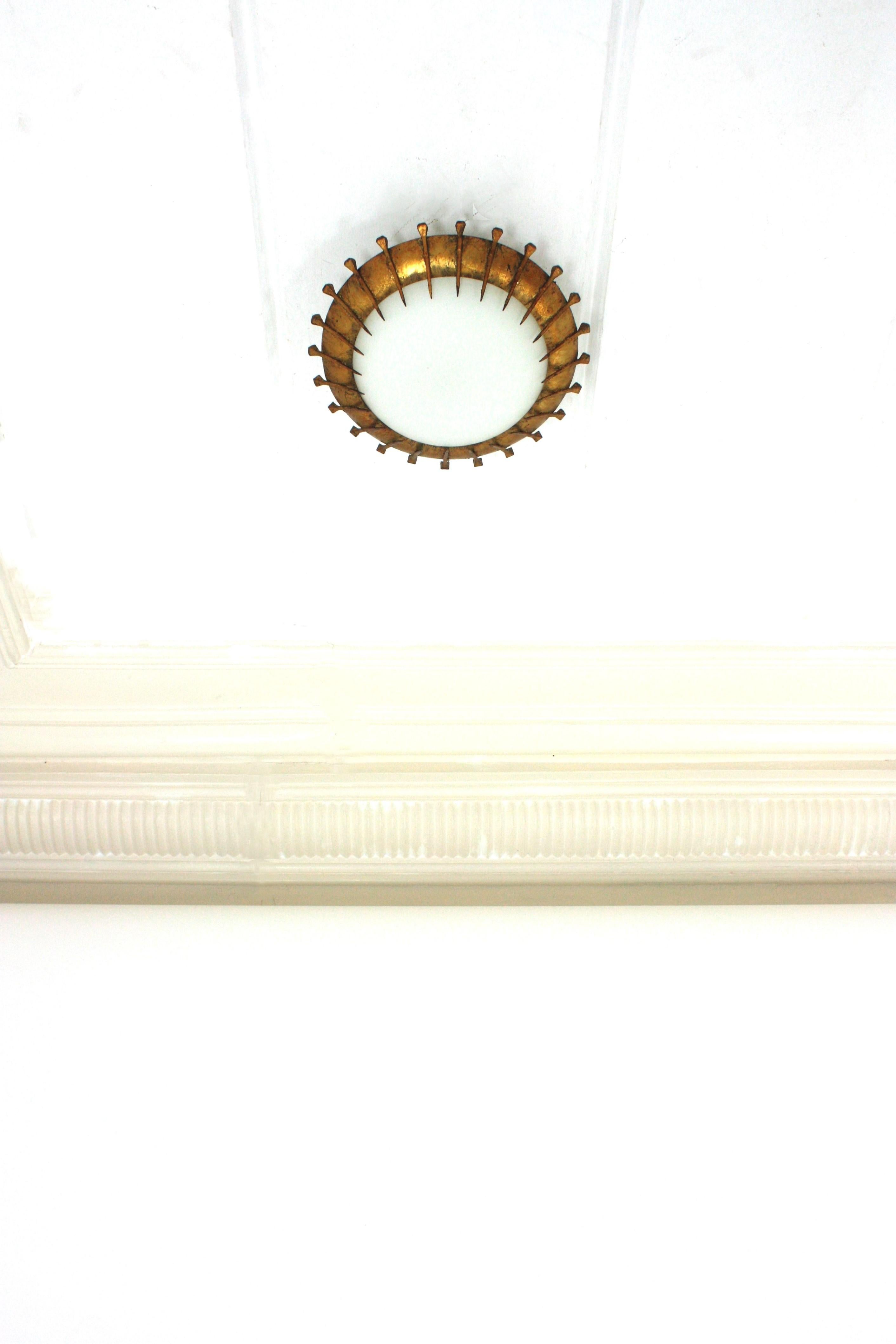 French Sunburst Light Fixture with Nail Design, Gilt Iron and Milk Glass For Sale 2