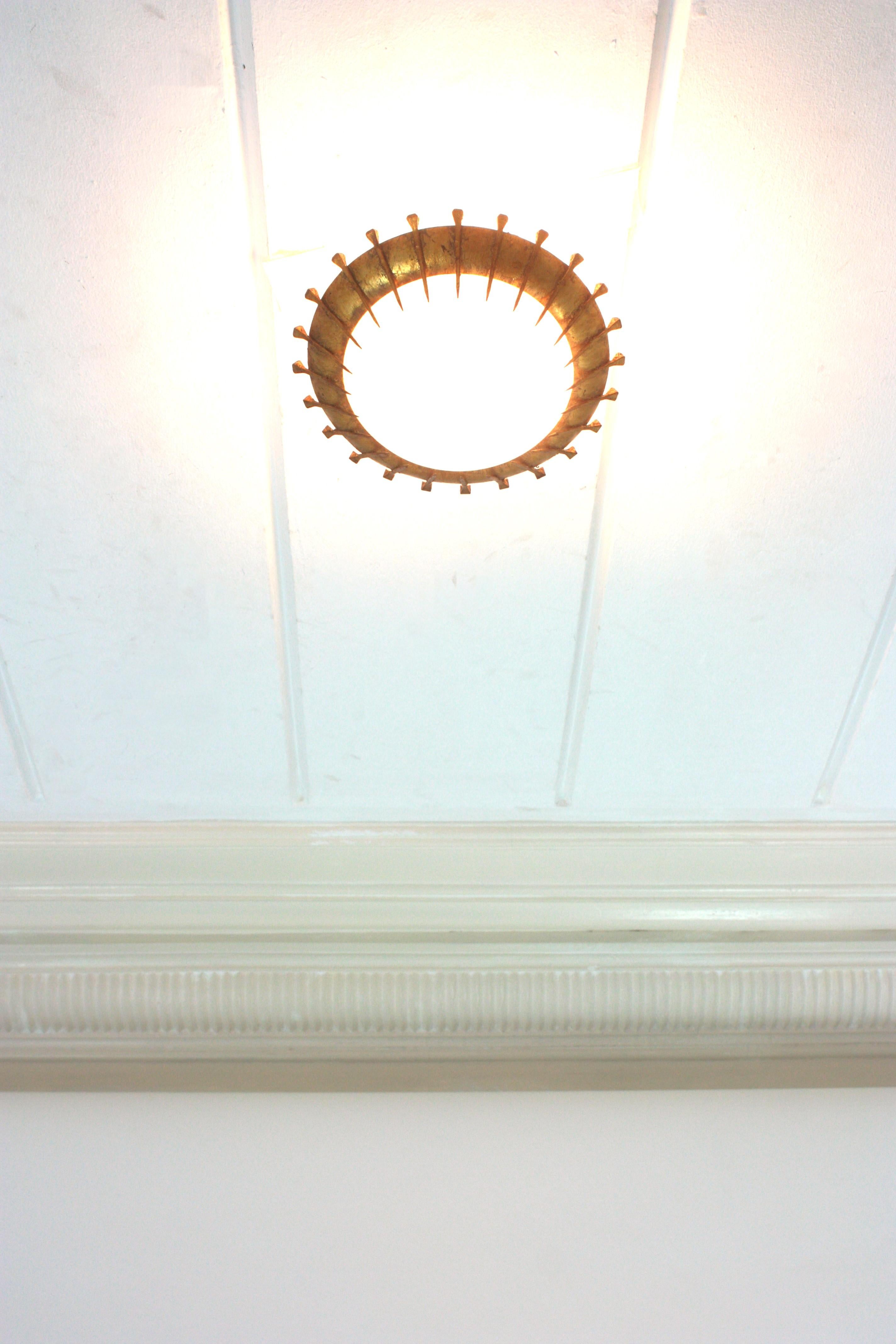 French Sunburst Light Fixture with Nail Design, Gilt Iron and Milk Glass  For Sale 3