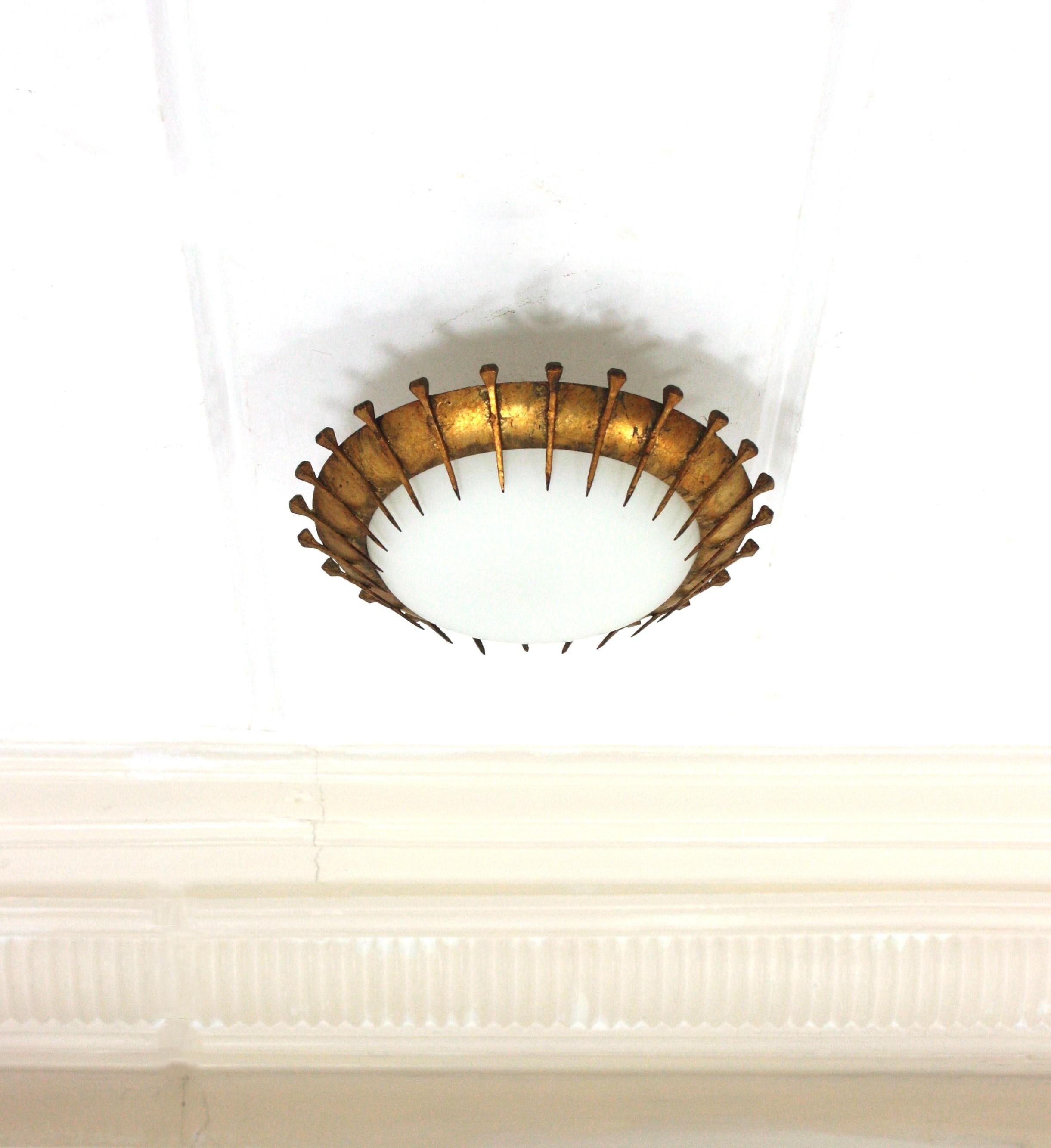 French Sunburst Light Fixture with Nail Design, Gilt Iron and Milk Glass  For Sale 4