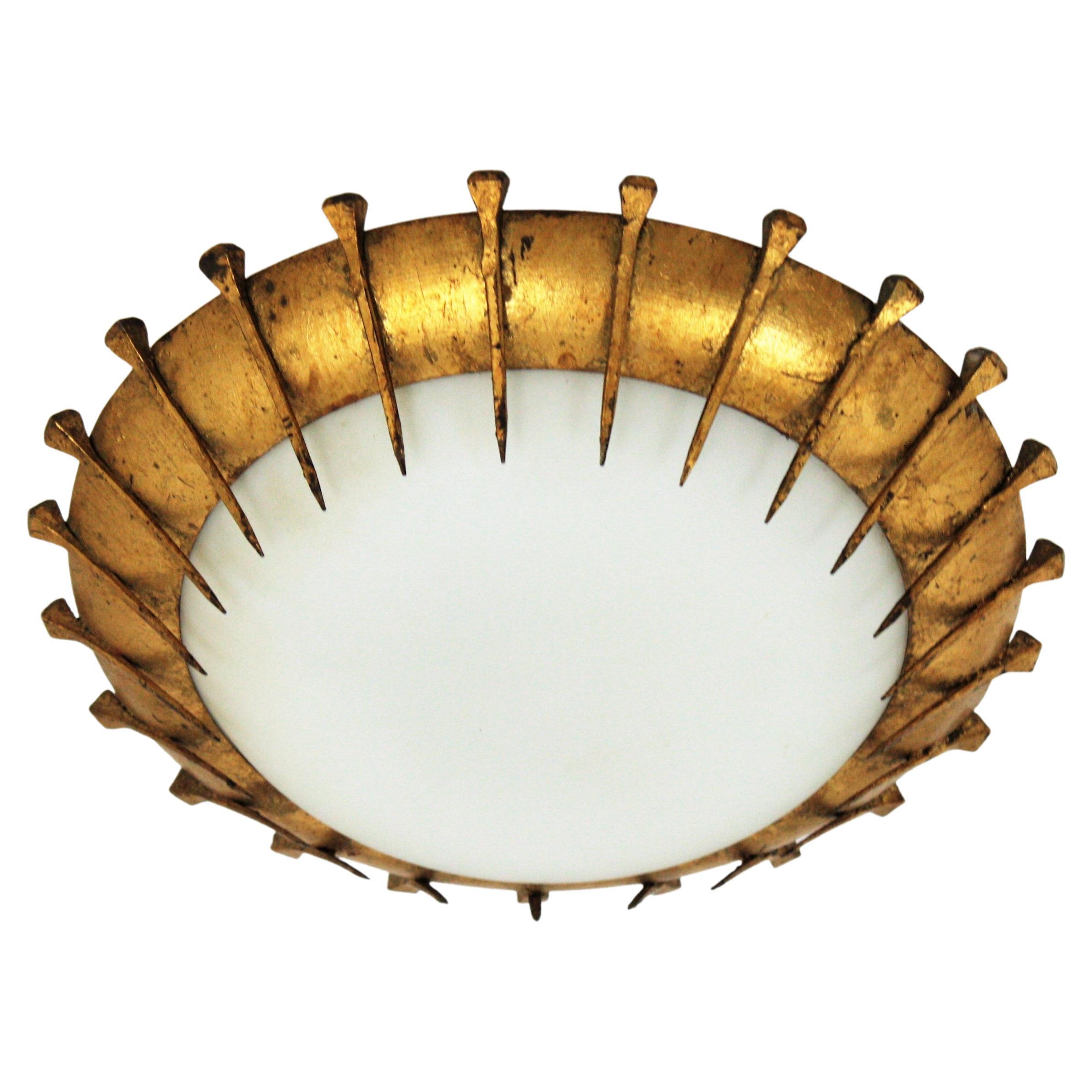 French Sunburst Light Fixture with Nail Design, Gilt Iron and Milk Glass