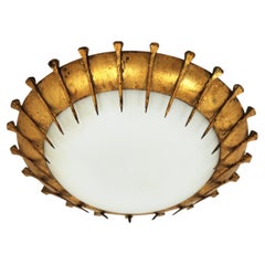 French Sunburst Light Fixture with Nail Design, Gilt Iron and Milk Glass