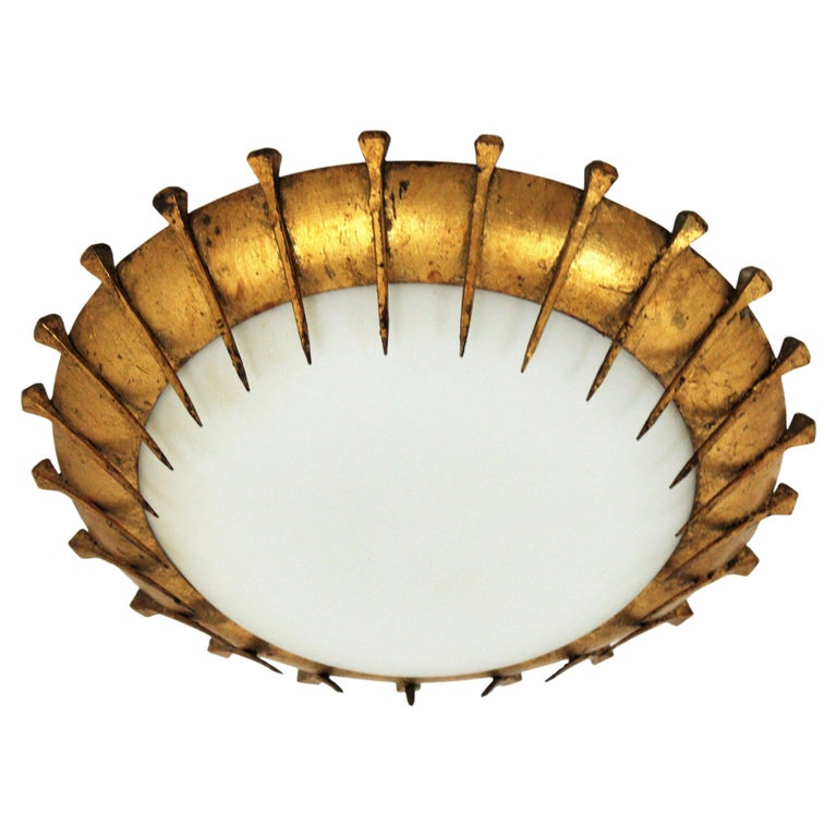 French Sunburst Light Fixture with Nail Design, Gilt Iron and Milk
