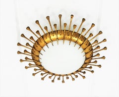 French Sunburst Light Fixture with Nail Design, Gilt Iron, Milk Glass