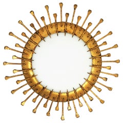 French Sunburst Light Fixture with Nail Design, Gilt Iron, Milk Glass