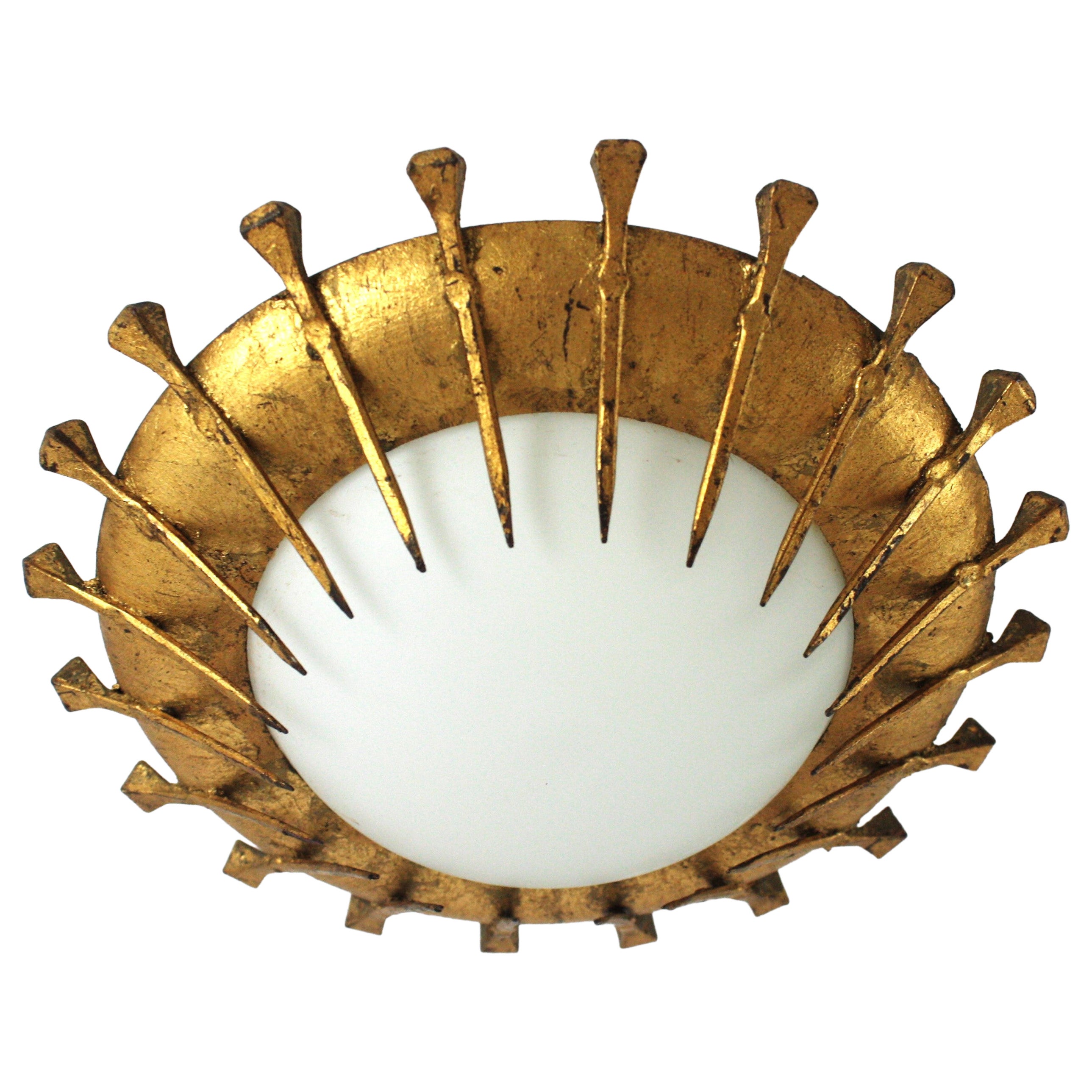 French Sunburst Light Fixture with Nail Design in Gilt Iron and Milk Glass