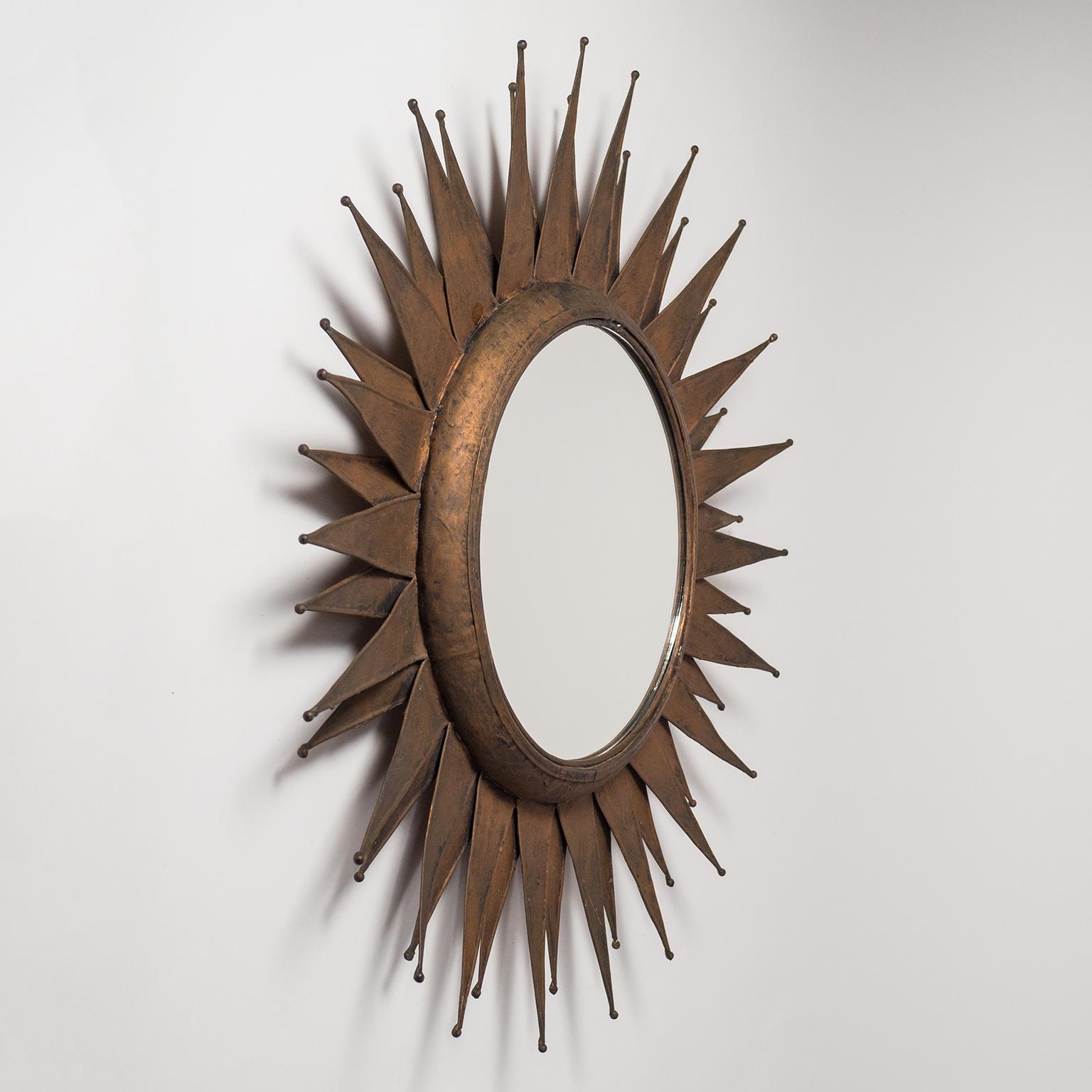 Brutalist French Artisanal Sunburst Mirror, circa 1970