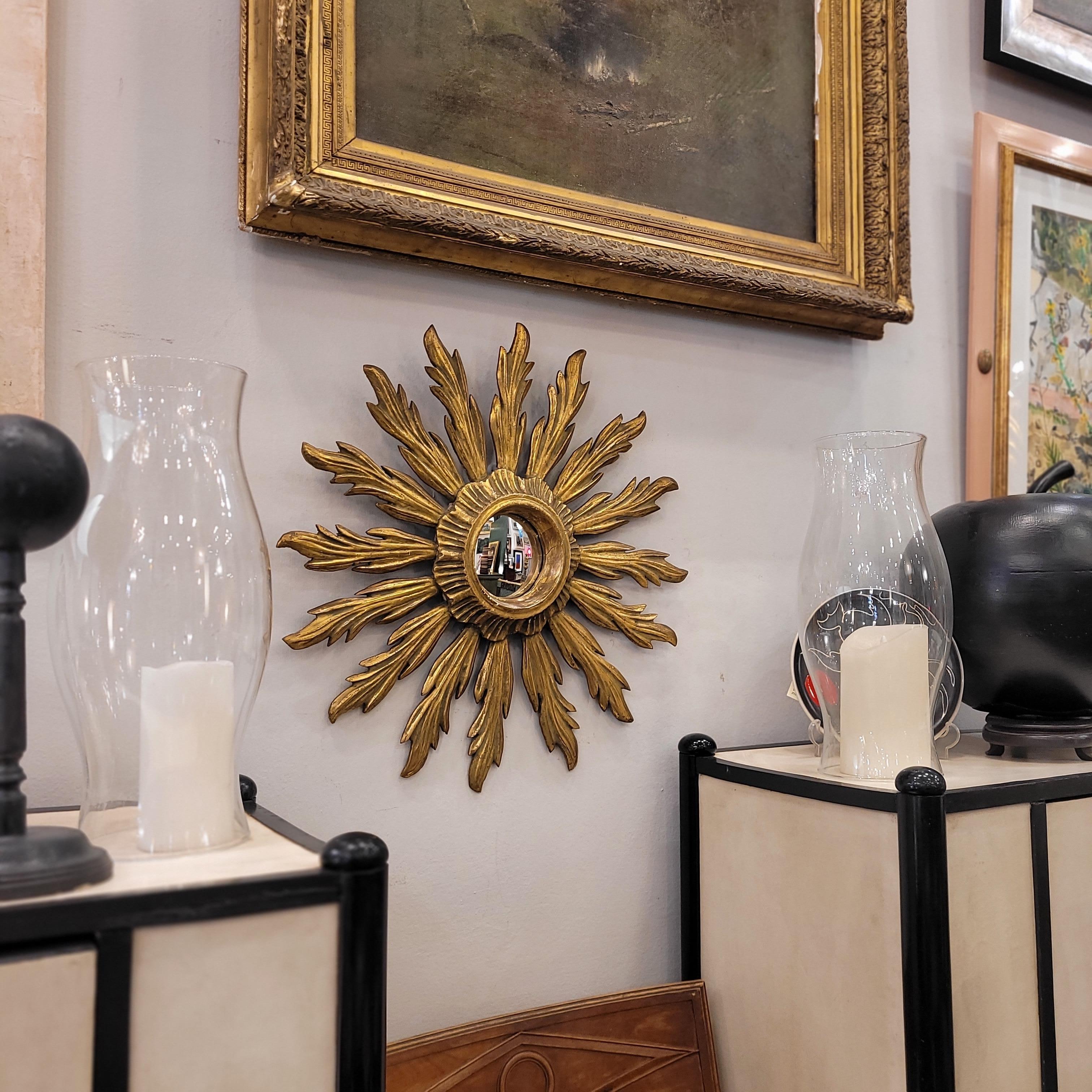 Francese  Sunburst  specchio  vetro dell'oblò, legno intagliato e dorato in vendita 6