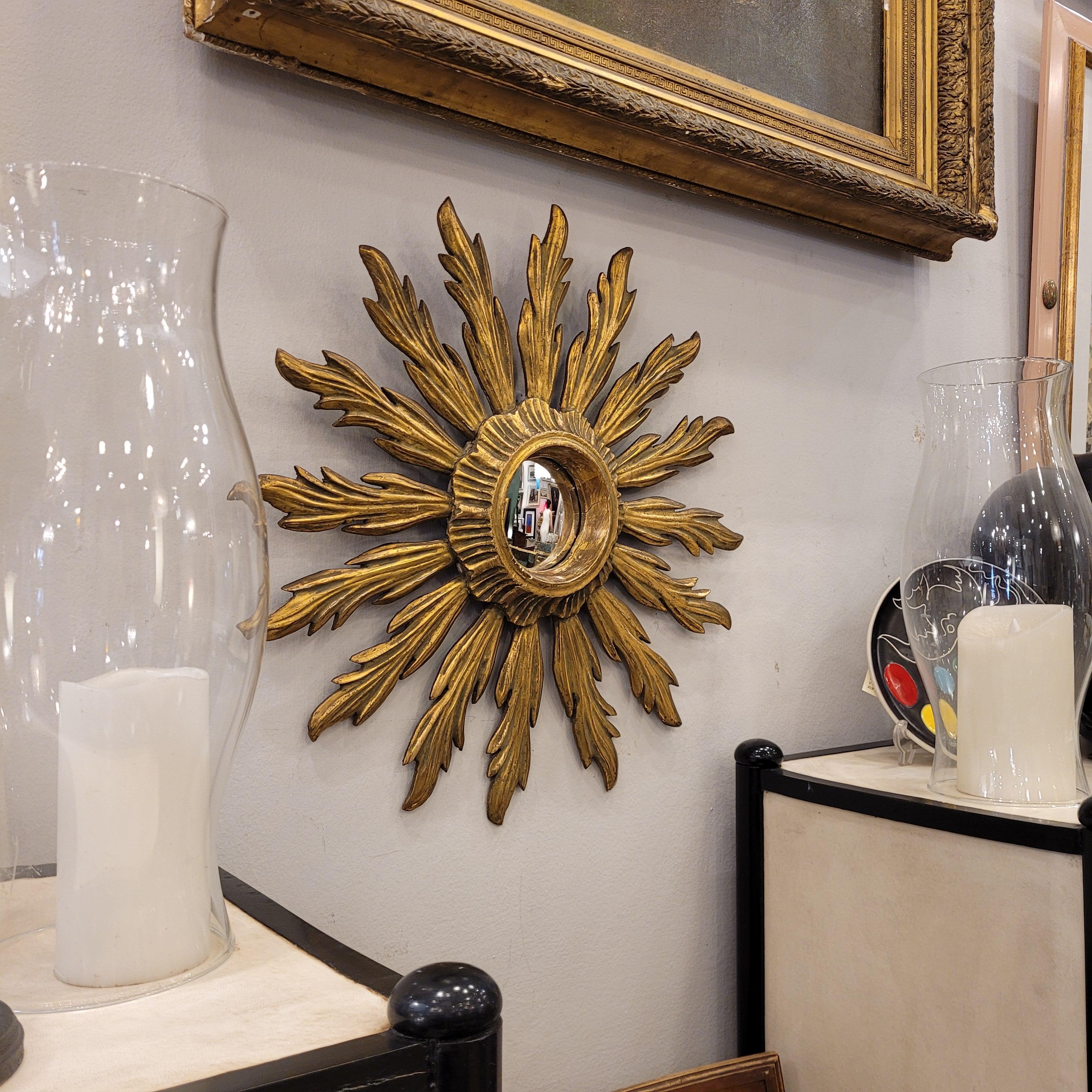 Francese  Sunburst  specchio  vetro dell'oblò, legno intagliato e dorato in vendita 7