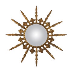 French Sunburst Mirror in Gilt Iron with Convex Glass, 1950s