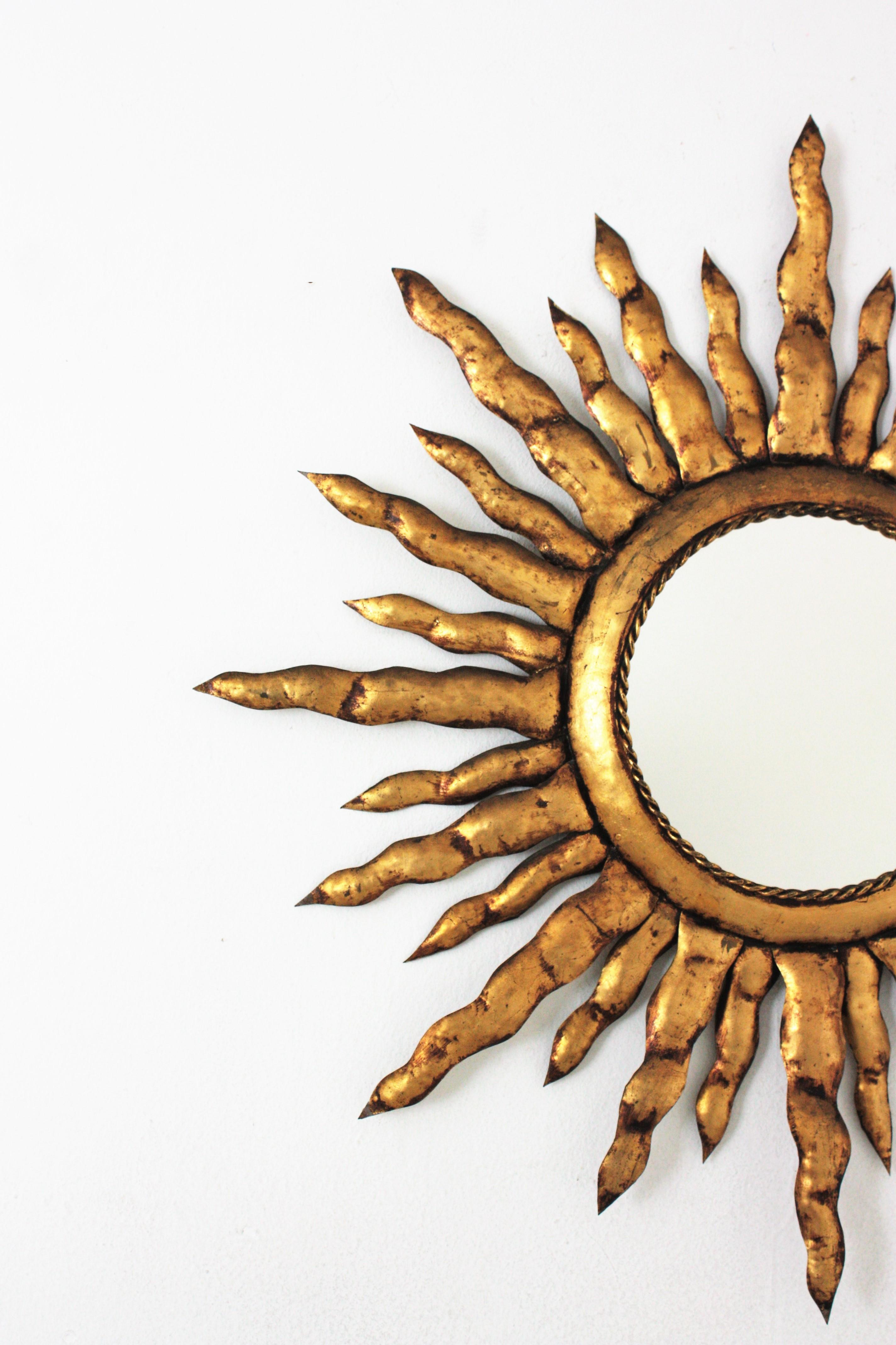 Hand-Crafted French Sunburst Mirror in Gilt Metal, 1950s For Sale