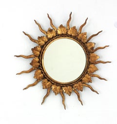 French Sunburst Mirror in Gilt Metal in Small Scale, 1950s