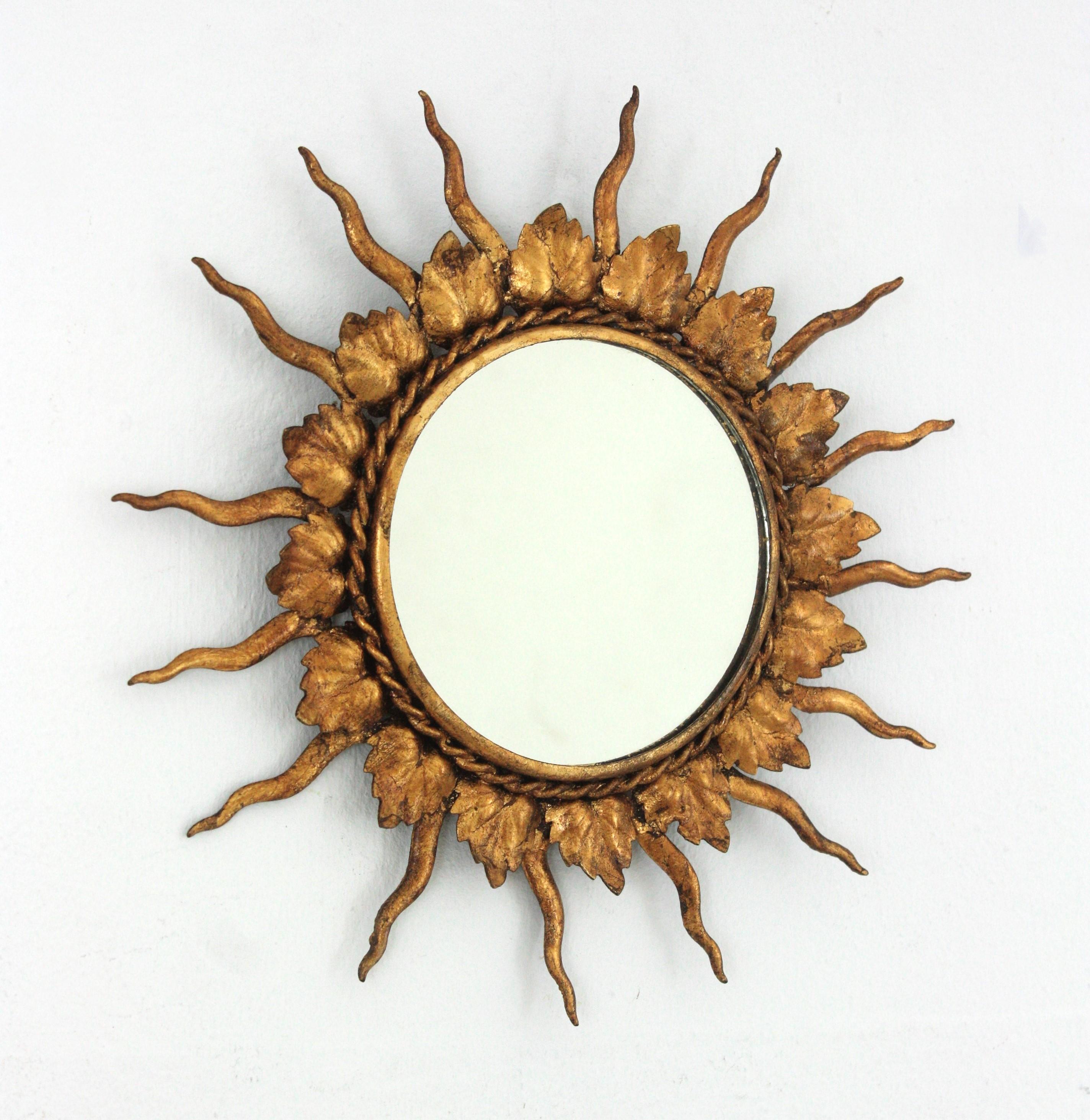 Mid-Century Modern French Sunburst Mirror in Gilt Metal in Small Scale, 1950s For Sale