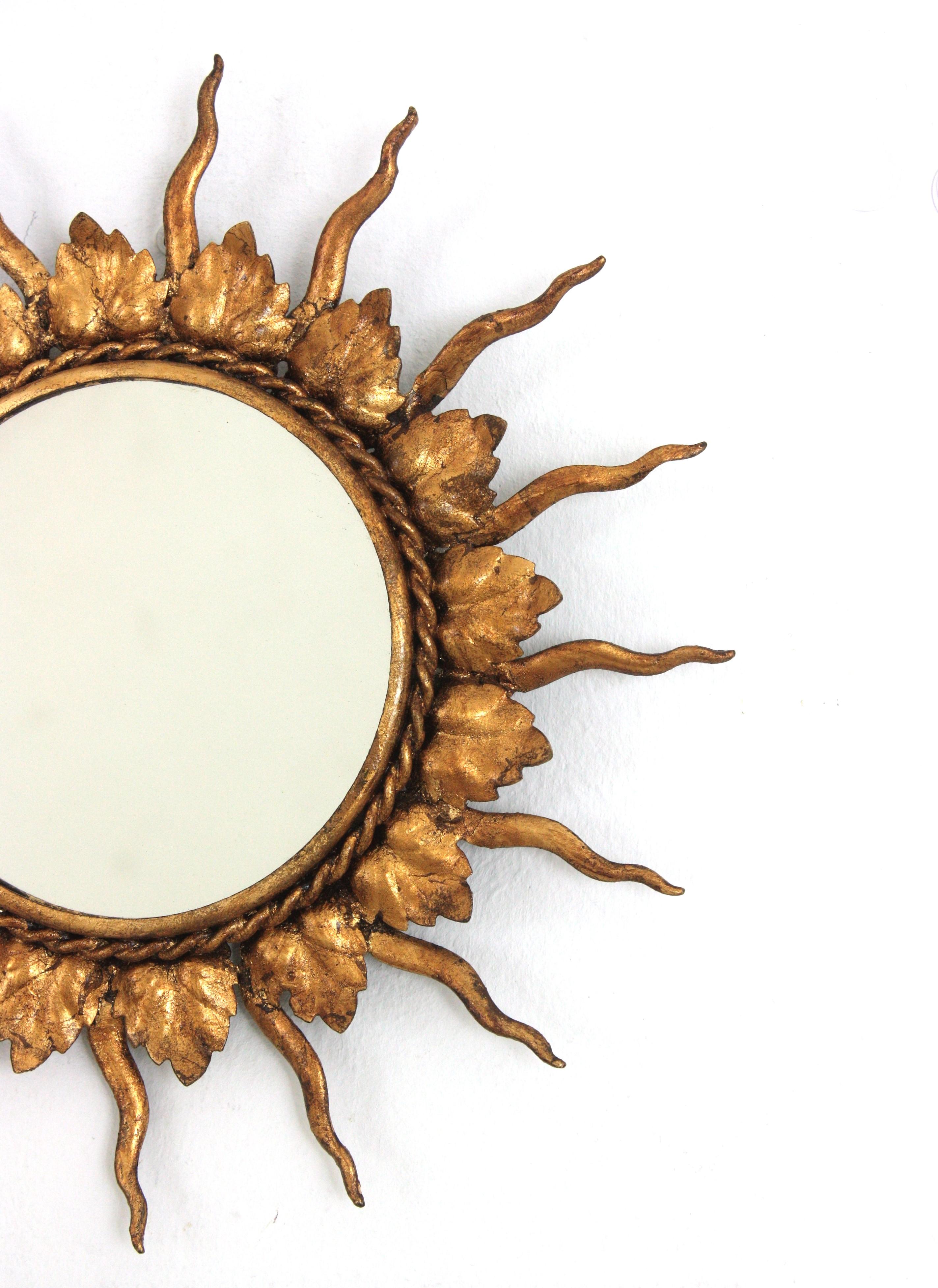 20th Century French Sunburst Mirror in Gilt Metal in Small Scale, 1950s For Sale