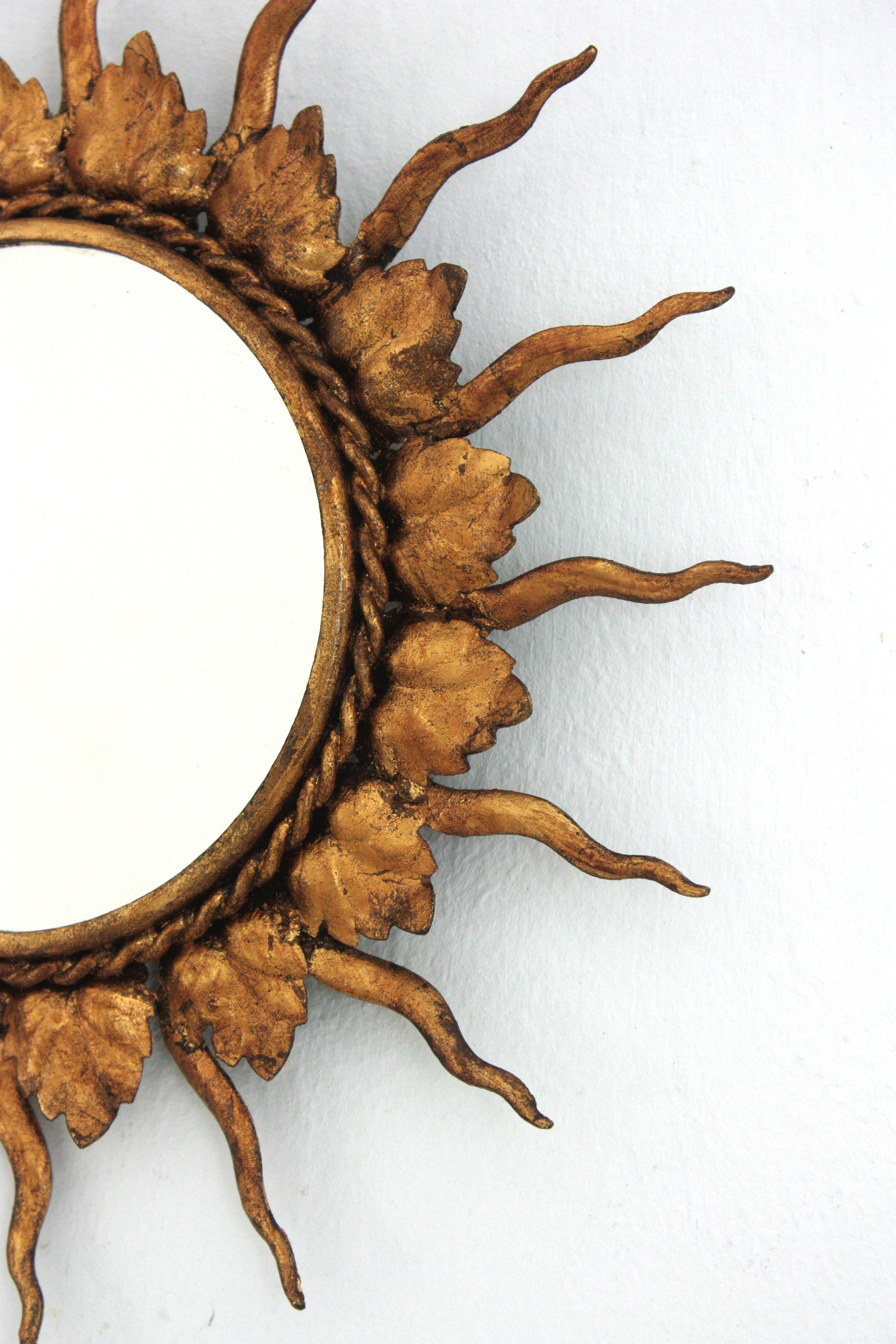 French Sunburst Mirror in Gilt Metal in Small Scale, 1950s For Sale 3