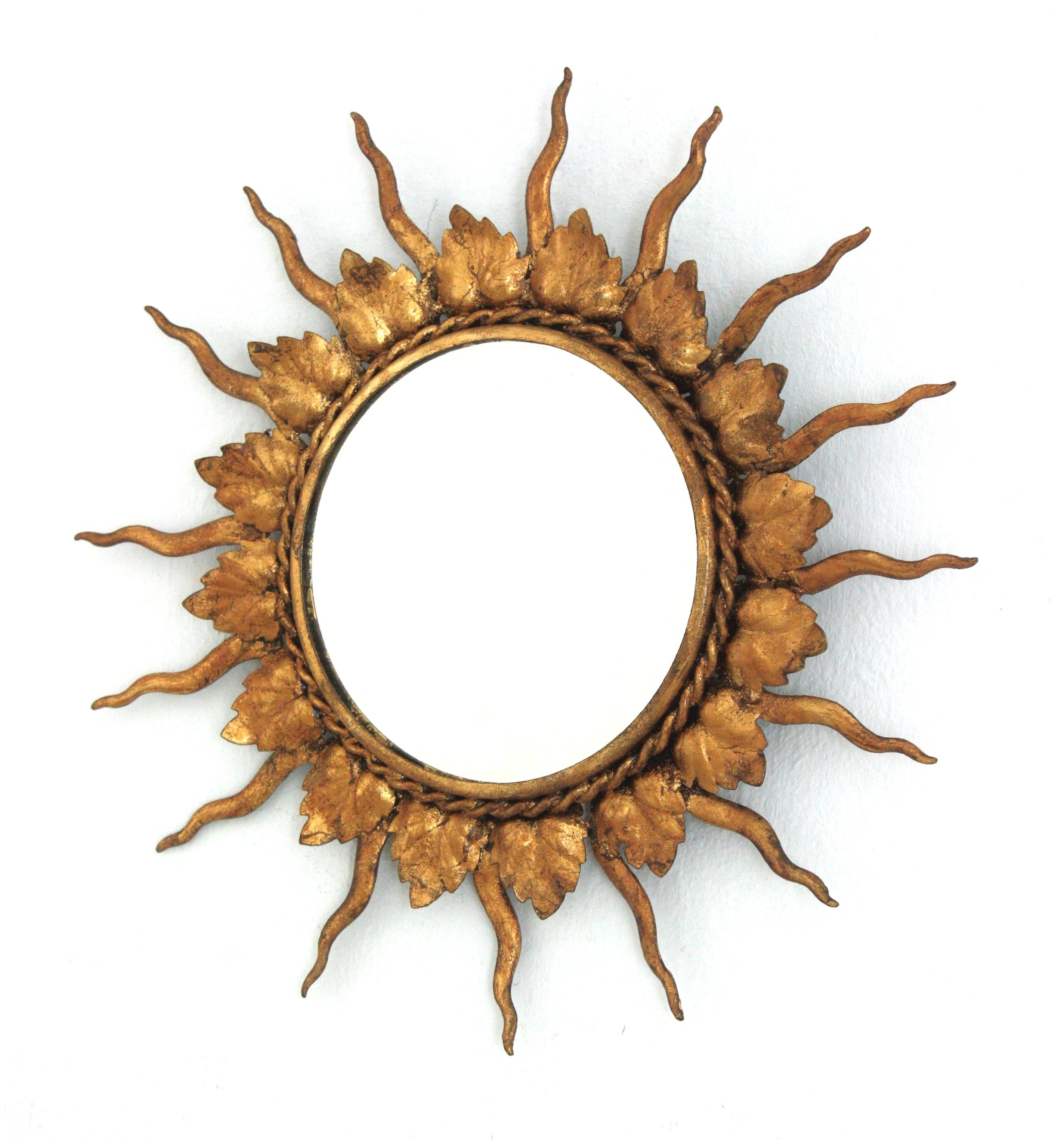 French Sunburst Mirror in Gilt Metal in Small Scale, 1950s For Sale 4