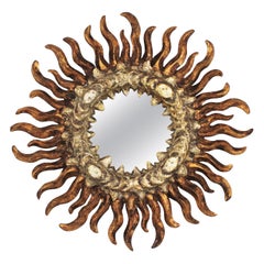 French Sunburst Mirror in Giltwood and Silver, Baroque Style, 1930s