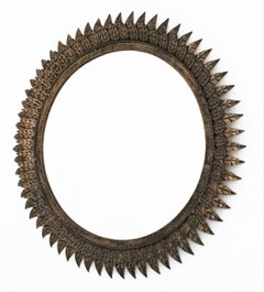 French Sunburst Mirror in Patinated Metal, Style of Line Vautrin