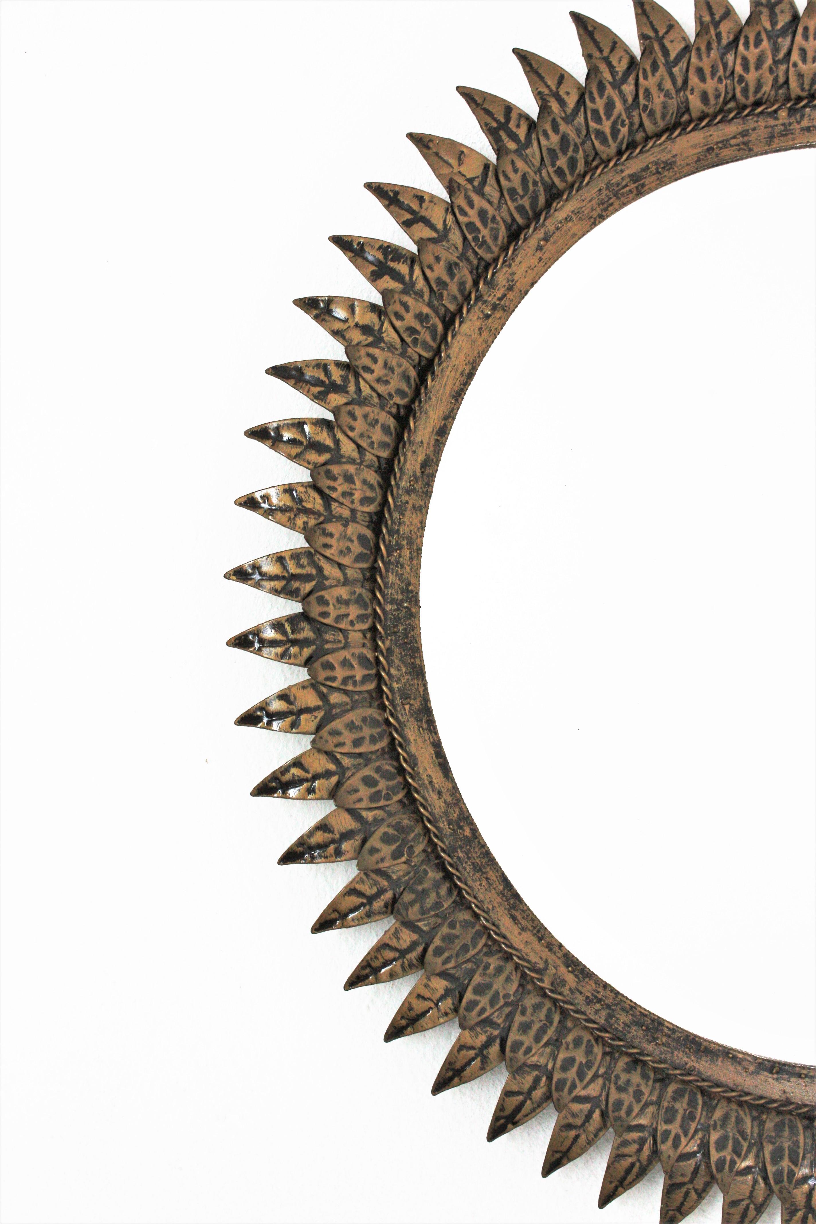 20th Century French Sunburst Mirror in Patinated Metal, Style of Line Vautrin For Sale
