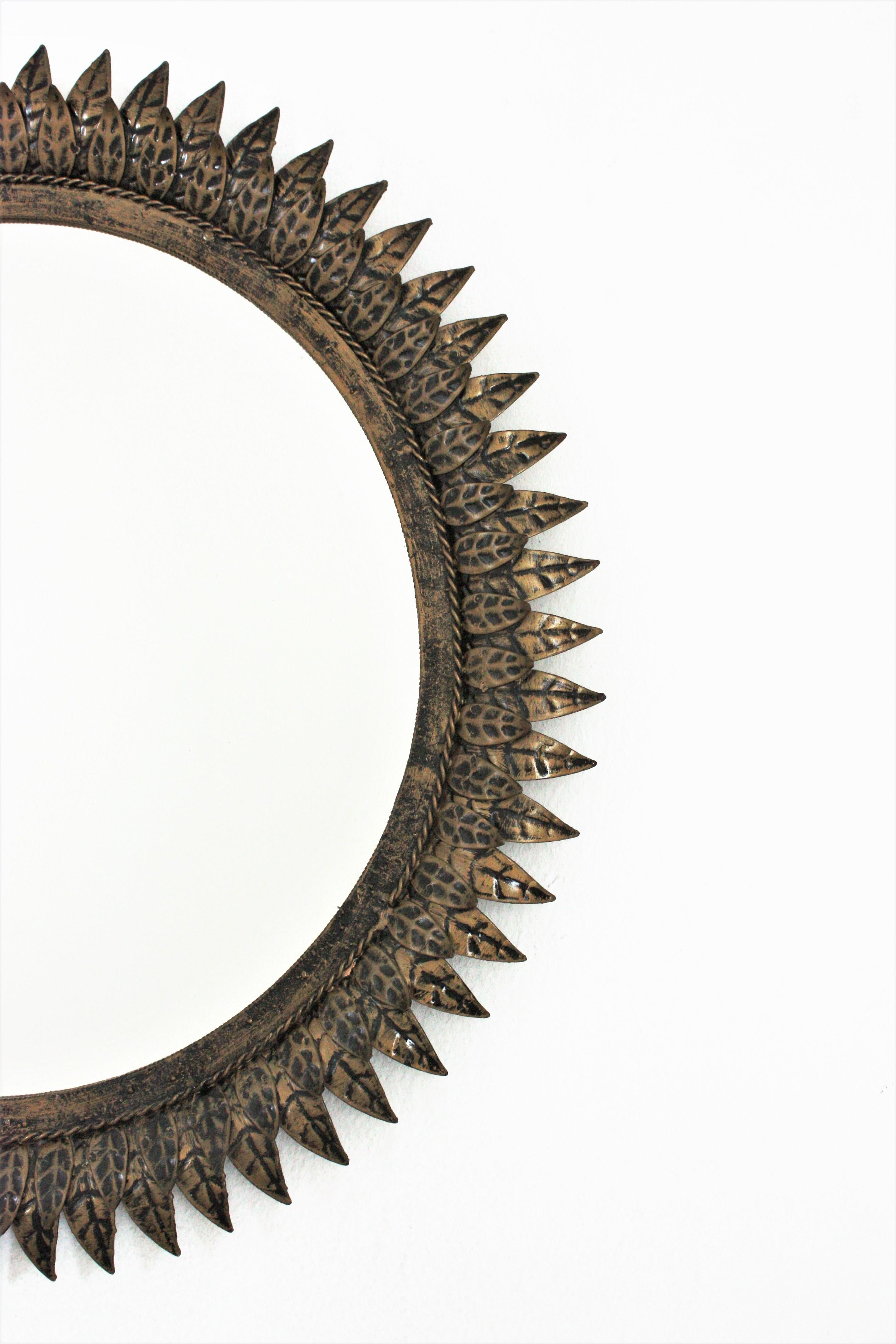 French Sunburst Mirror in Patinated Metal, Style of Line Vautrin For Sale 1