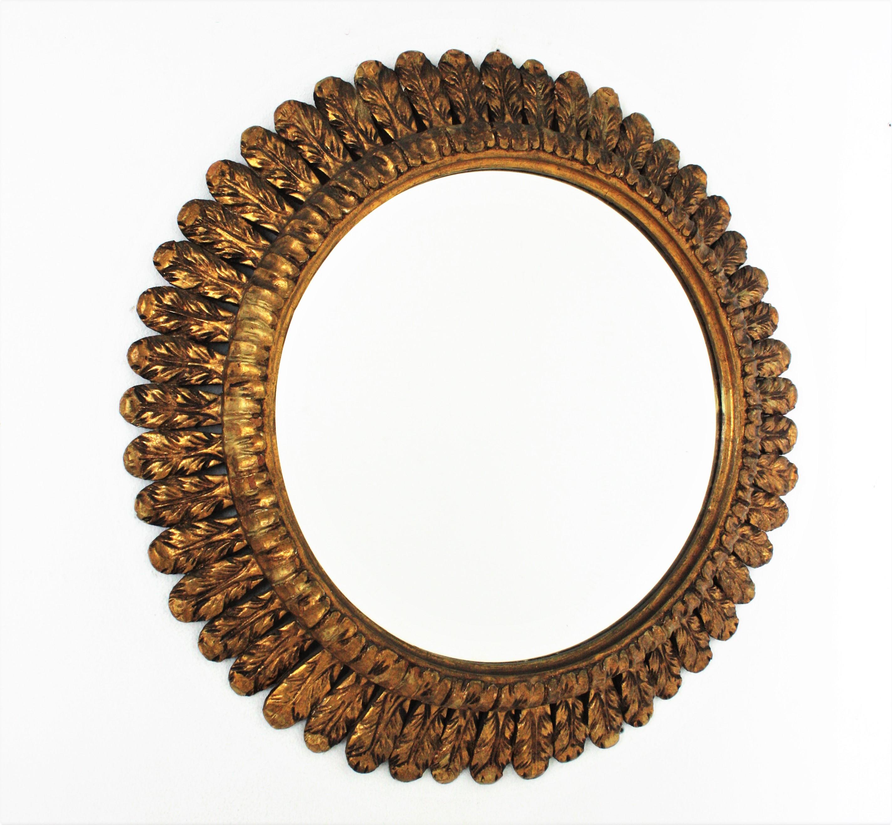 Mid-Century Modern French Sunburst Mirror with Foliage Frame, Carved Giltwood
