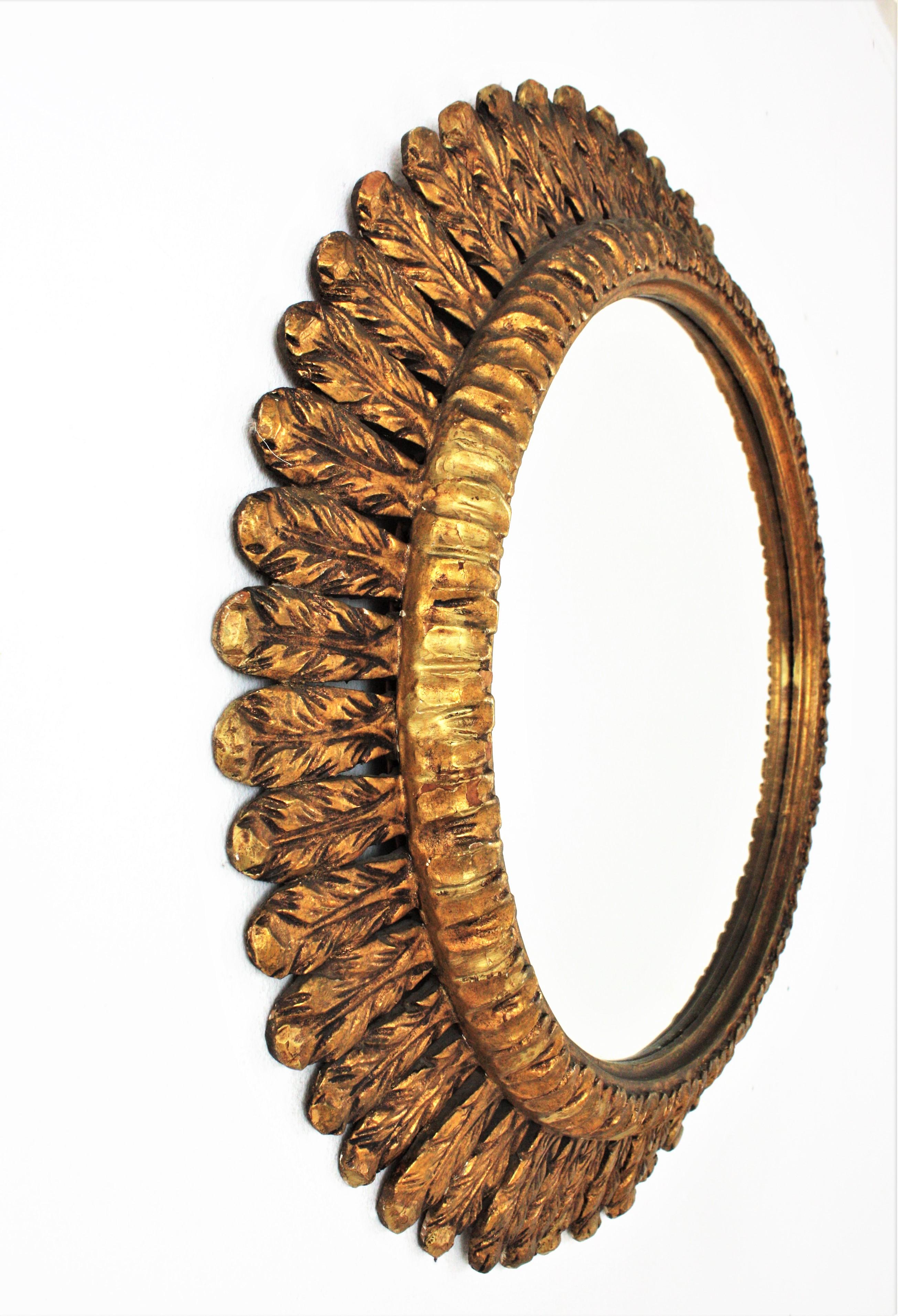 Hand-Carved French Sunburst Mirror with Foliage Frame, Carved Giltwood