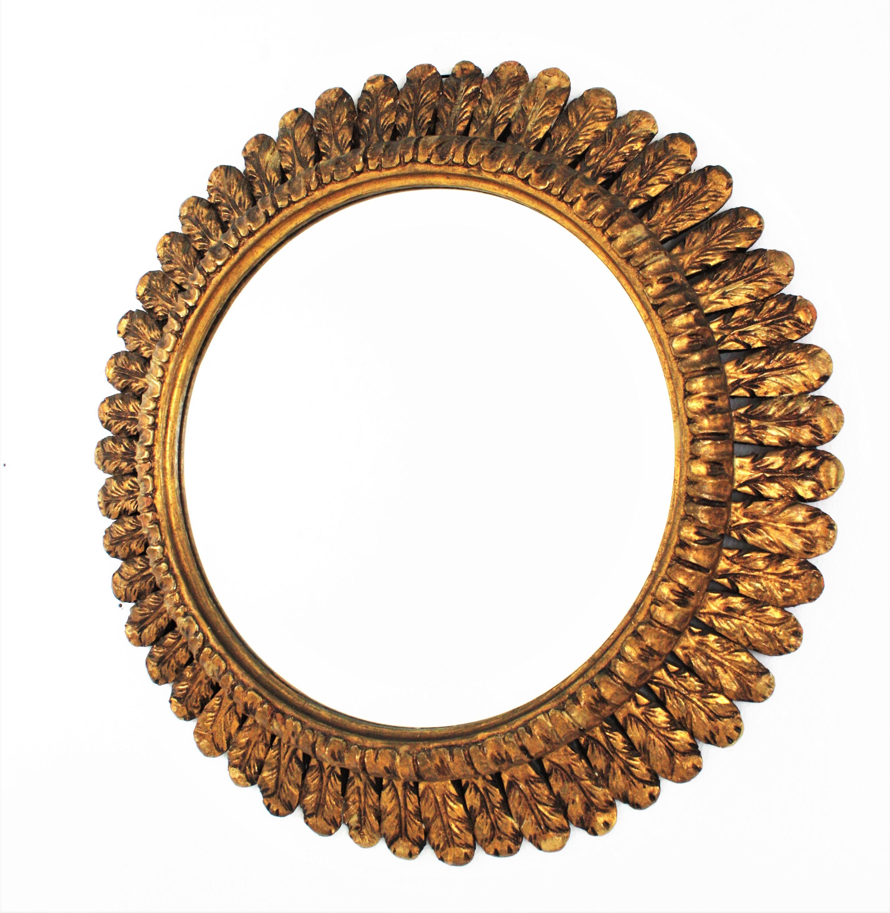 French Sunburst Mirror with Foliage Frame, Carved Giltwood 1