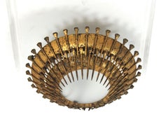 French Sunburst Nail Design Light Fixture in Gilt Iron and Glass, Brutalist