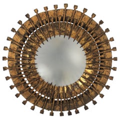 French Sunburst Nail Design Light Fixture in Gilt Iron and Glass, Brutalist