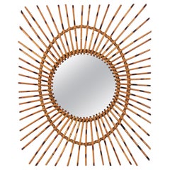 French Sunburst Rectangular Mirror in Rattan, 1960s