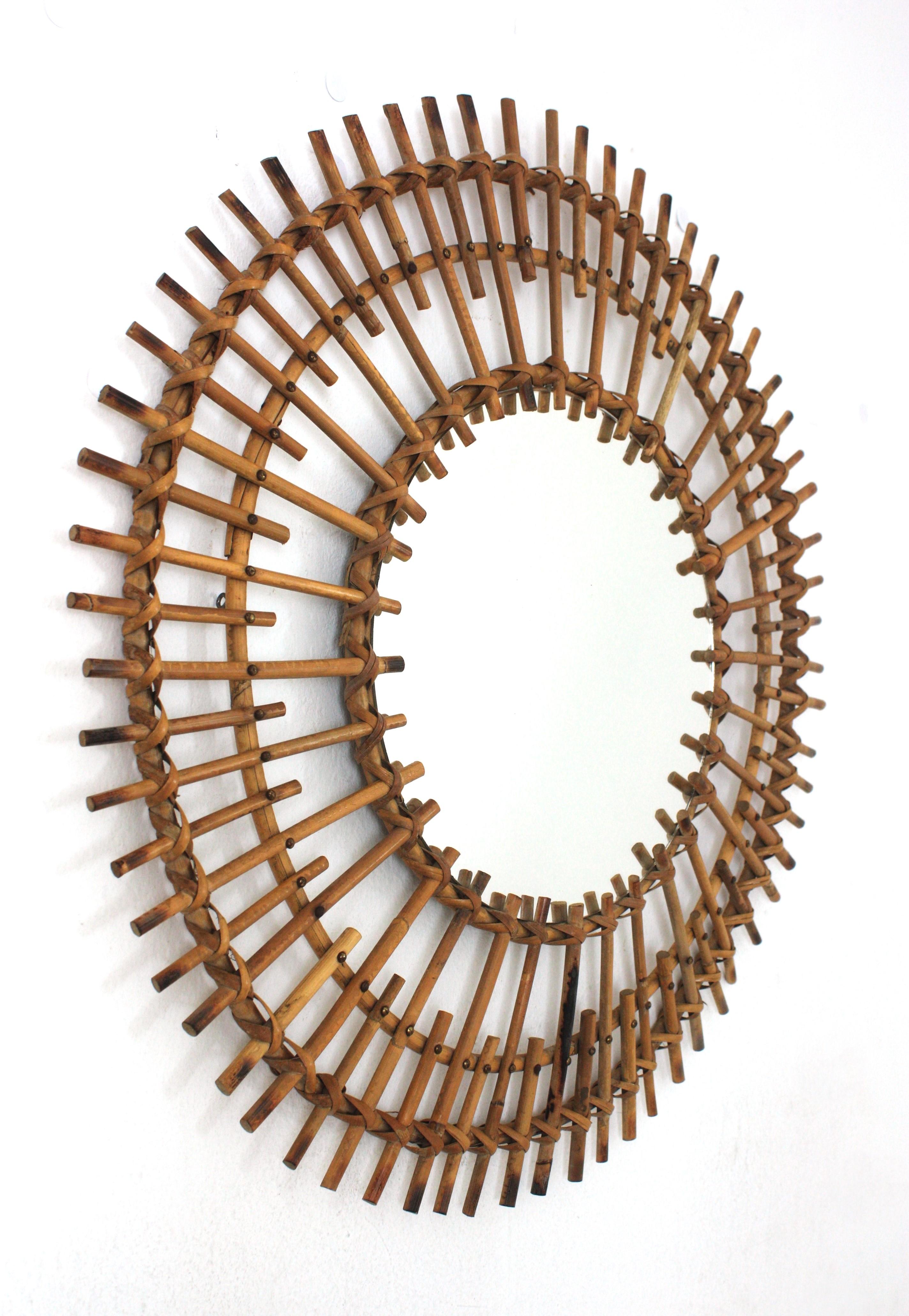 Français Miroir en rotin double couche en forme de soleil français