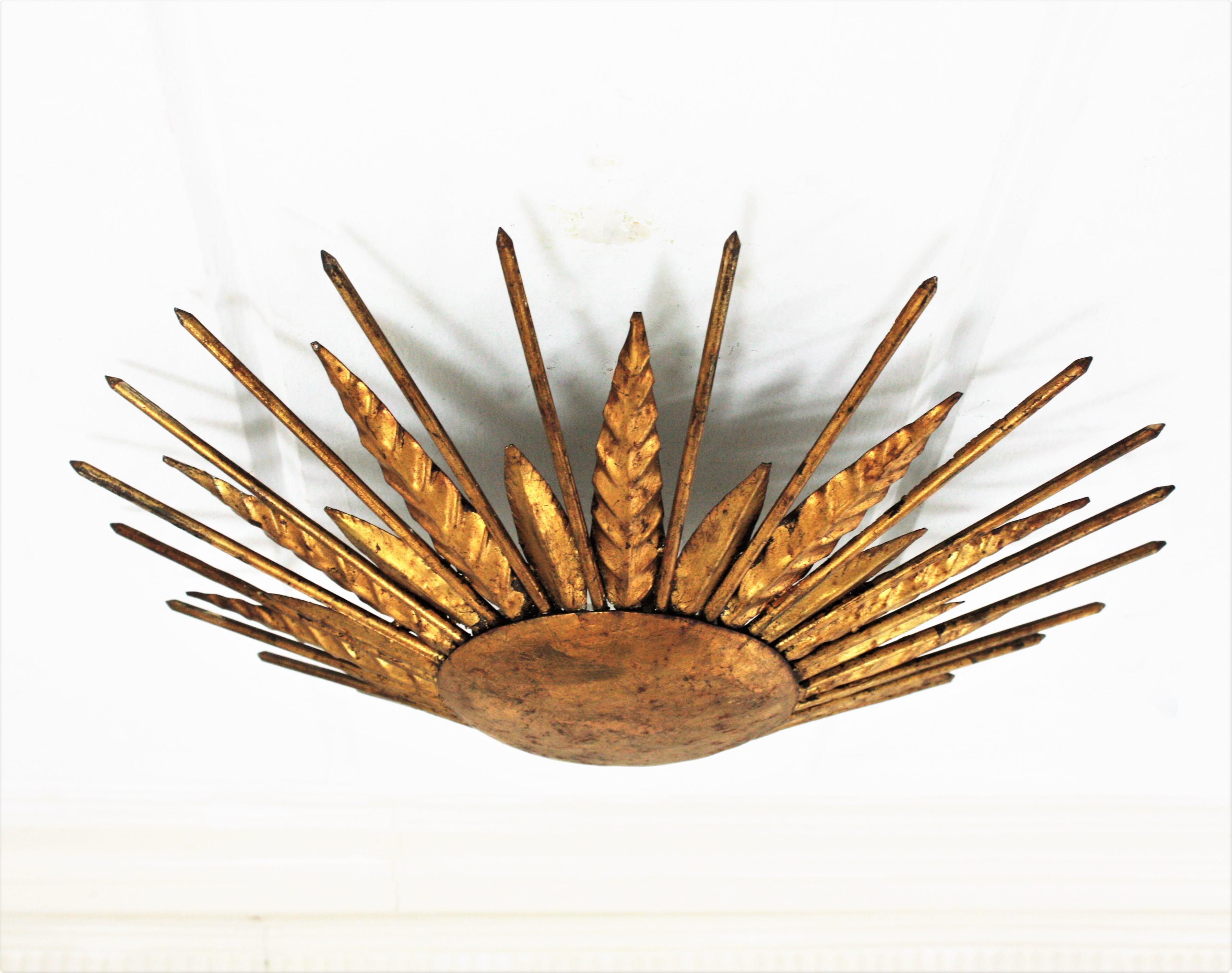 French Sunburst Spikey Light Fixture in Gilt Iron, 1940s 3