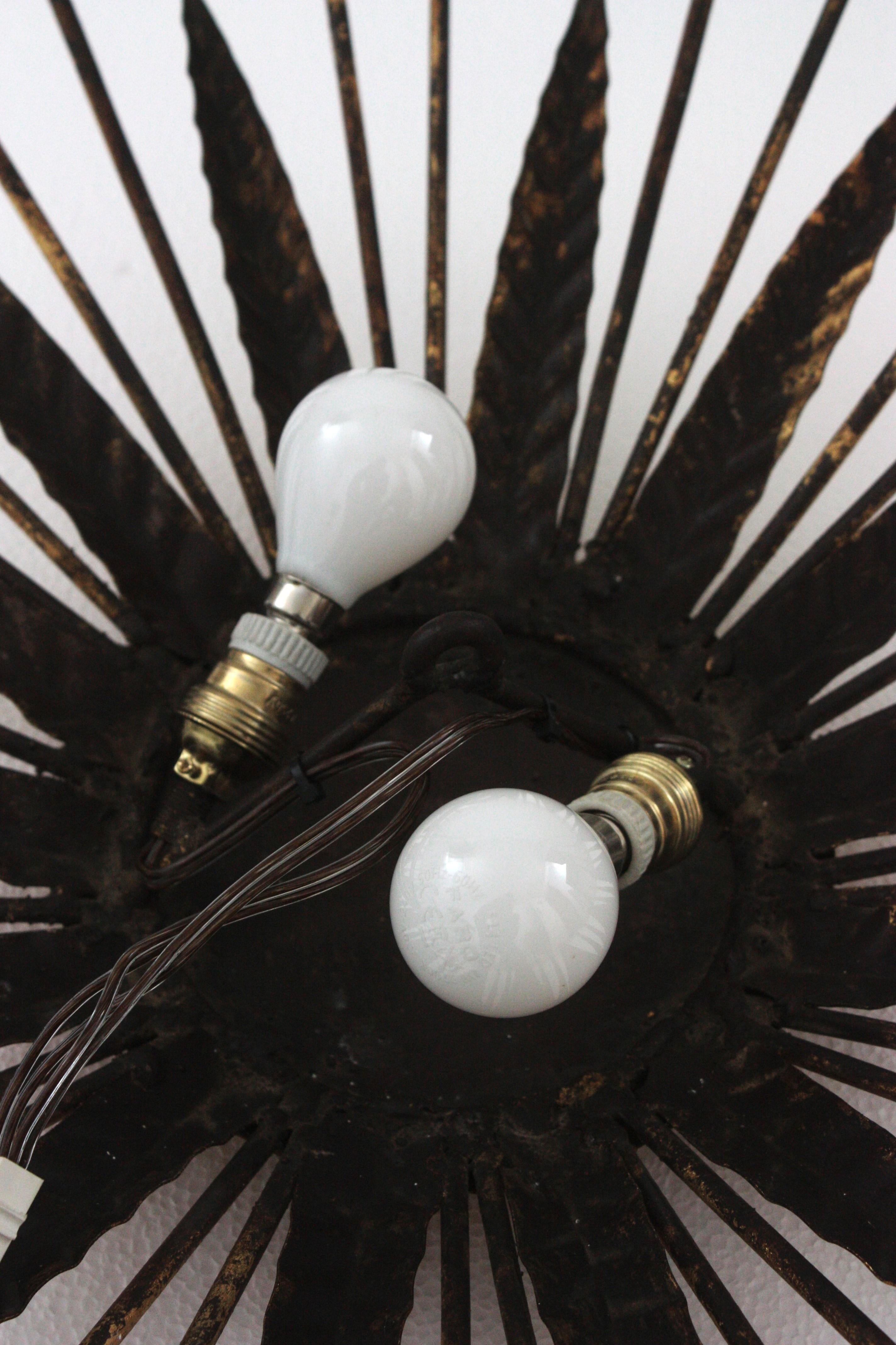 French Sunburst Spikey Light Fixture in Gilt Iron, 1940s For Sale 9