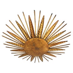 French Sunburst Spikey Light Fixture in Gilt Iron, 1940s
