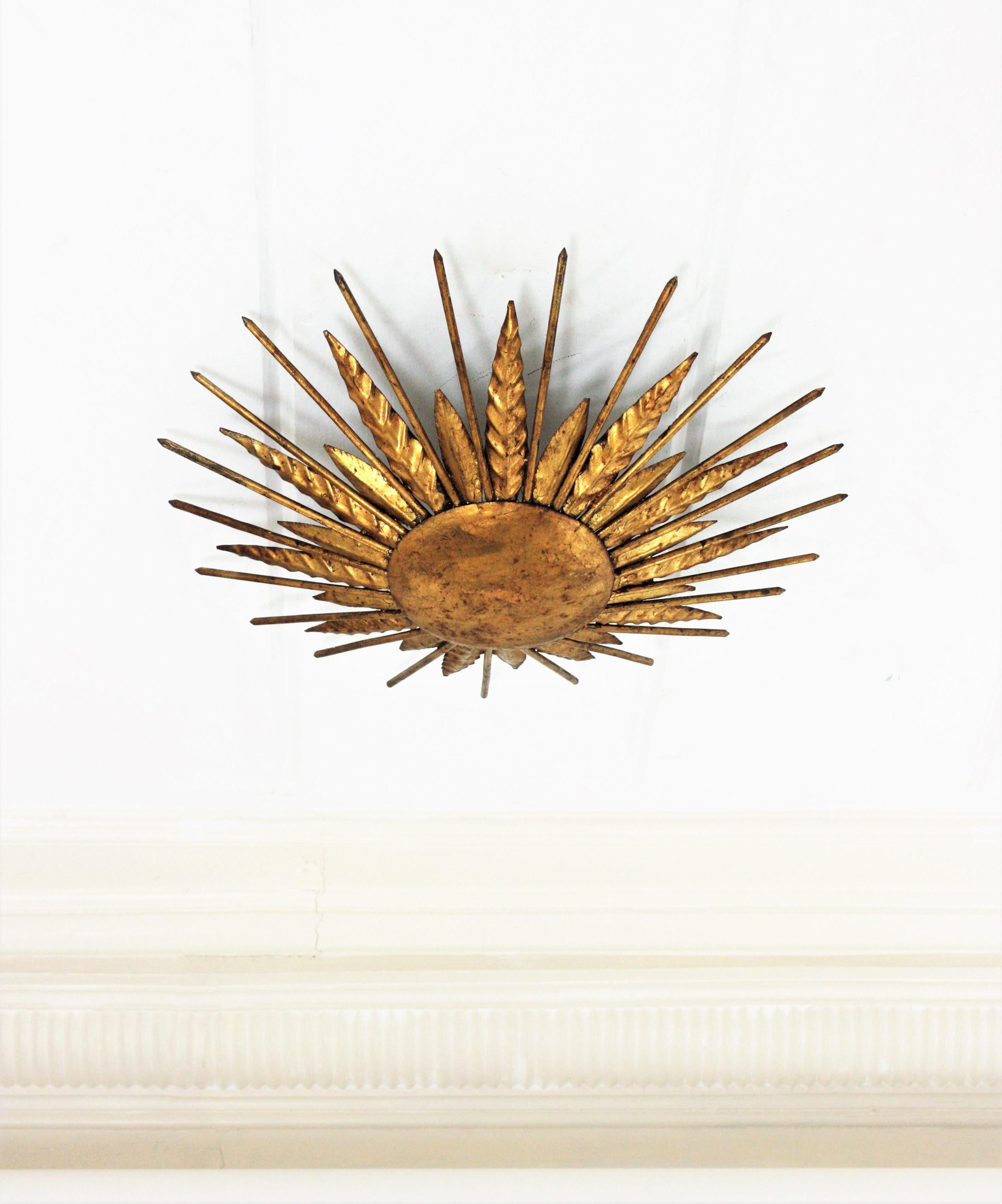 Hand-Crafted French Sunburst Spikey Light Fixture in Gilt Iron, 1940s