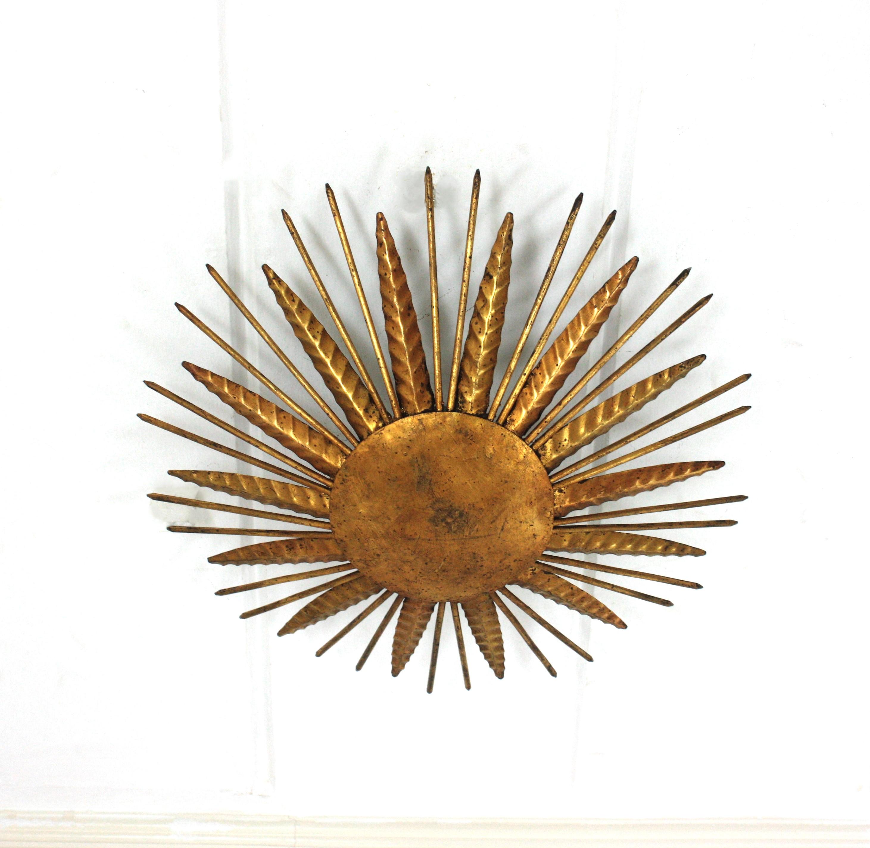 Hand-Crafted French Sunburst Spikey Light Fixture in Gilt Iron, 1940s For Sale