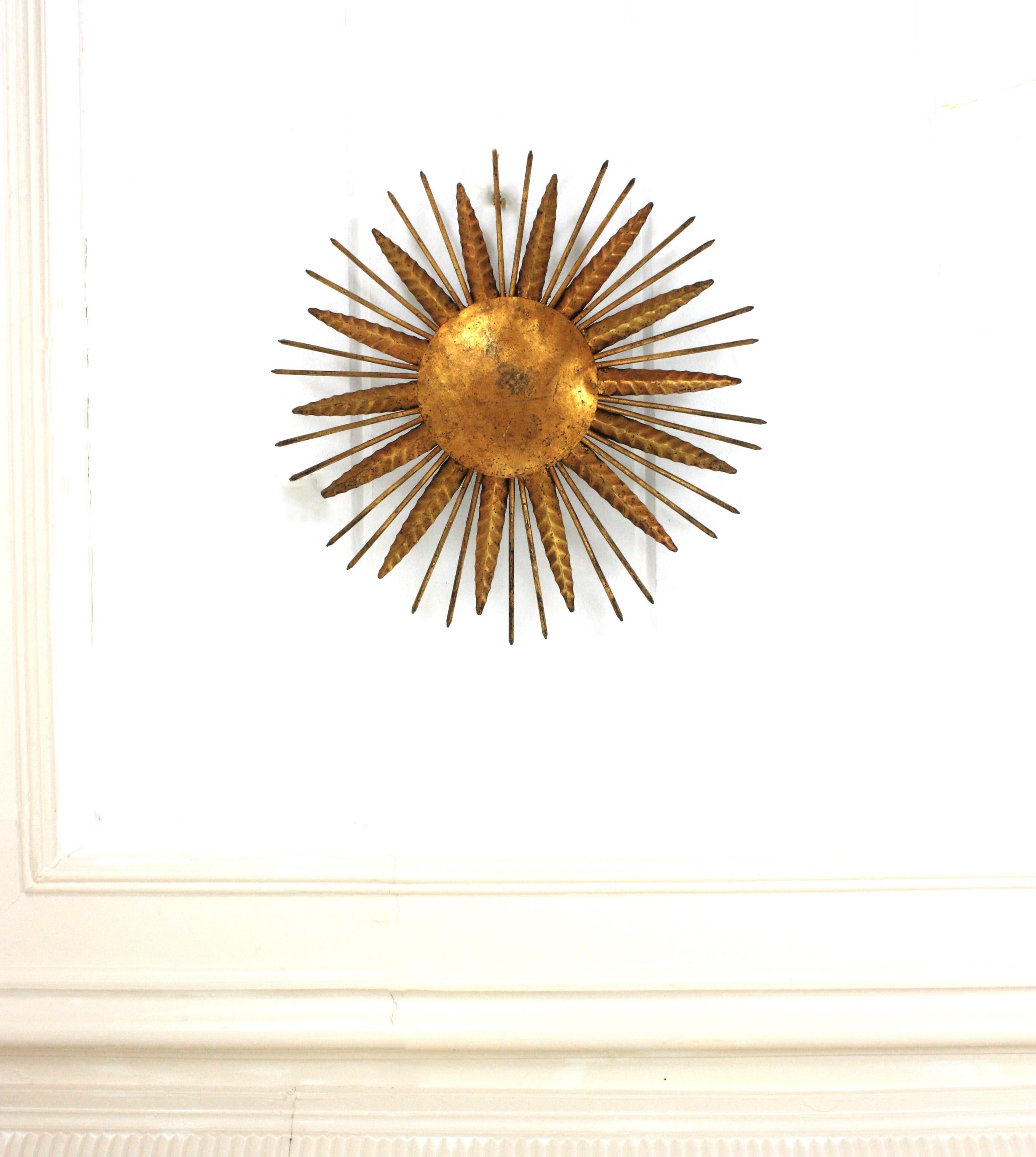 20th Century French Sunburst Spikey Light Fixture in Gilt Iron, 1940s For Sale
