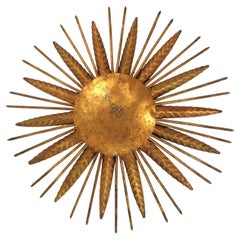 French Sunburst Spikey Light Fixture in Gilt Iron, 1940s