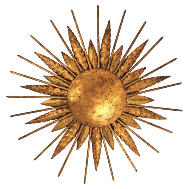 French Sunburst Ceiling Light Fixture in Gilt Wrought Iron, 1940s at ...