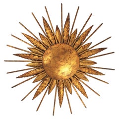 French Sunburst Spikey Light Fixture in Gilt Iron, 1940s