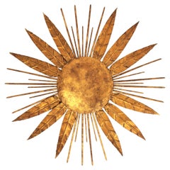 French Sunburst Spikey Light Fixture / Pendant in Gilt Iron, 1940s
