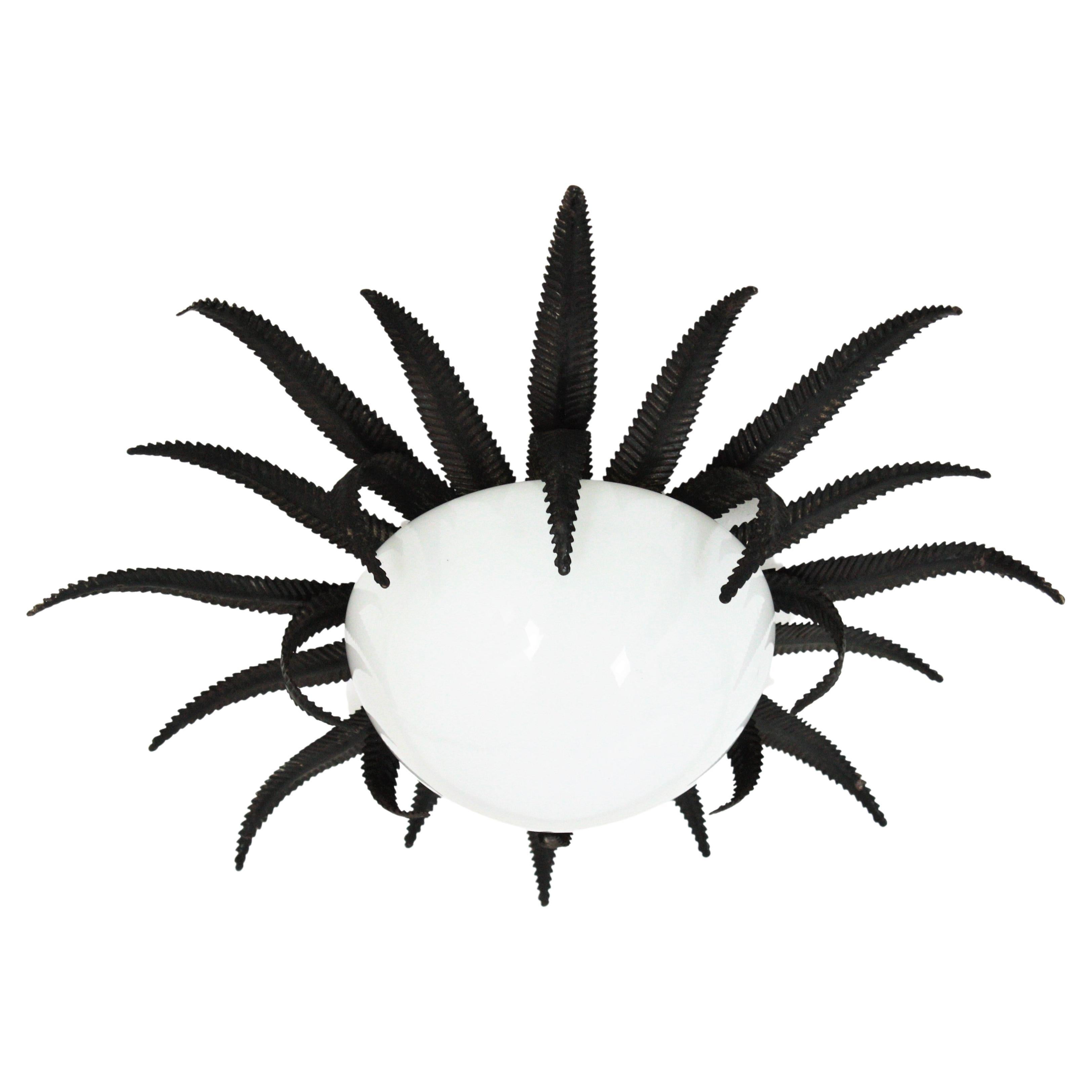 Outstanding French sunburst flush mount in black metal and milk glass, 1950s
This Sunburst starburst ceiling light fixture has an eye-catching construction. The backplace is patinated in black and it is a sunburst or starburst shape holding a