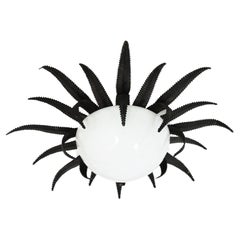 French Sunburst Starburst Light Fixture, Black Metal and Milk Glass