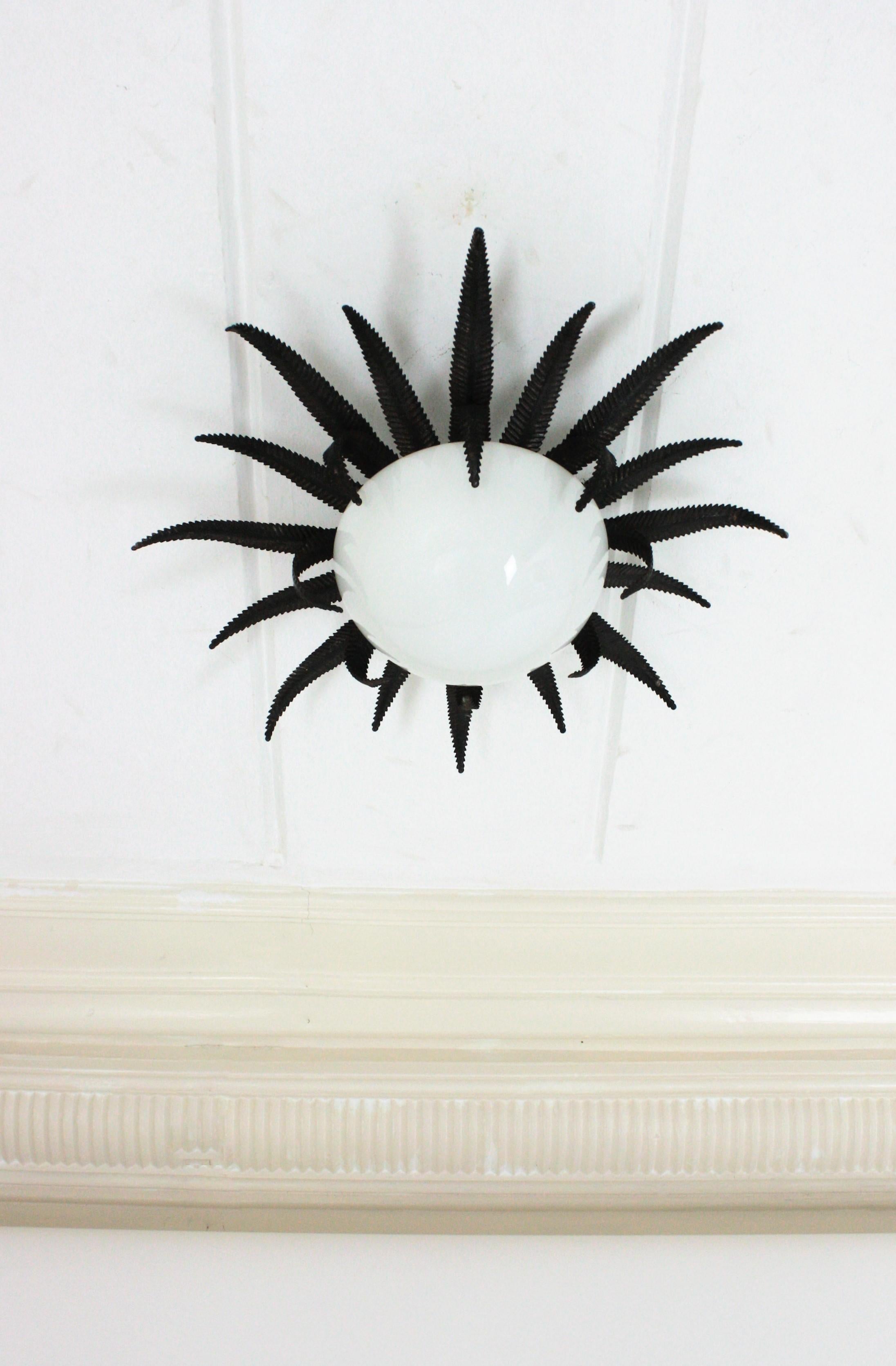 Mid-Century Modern French Sunburst Starburst Light Fixture, Black Metal and Milk Glass For Sale