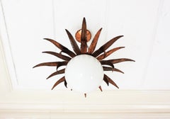French Sunburst Starburst Light Fixture, Copper Metal and Milk Glass