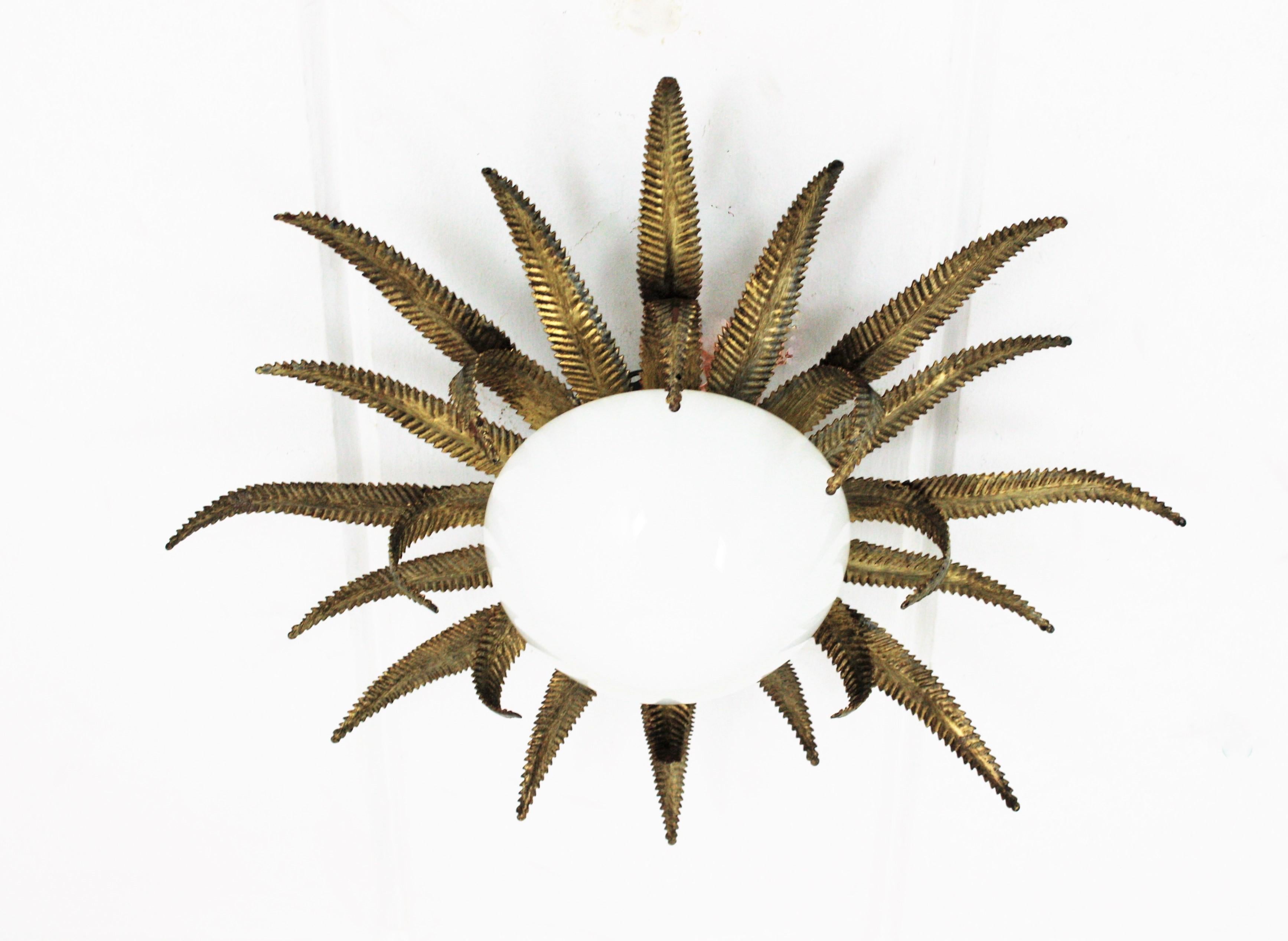 French Sunburst Starburst Light Fixture, Gilt Metal and Milk Glass 6